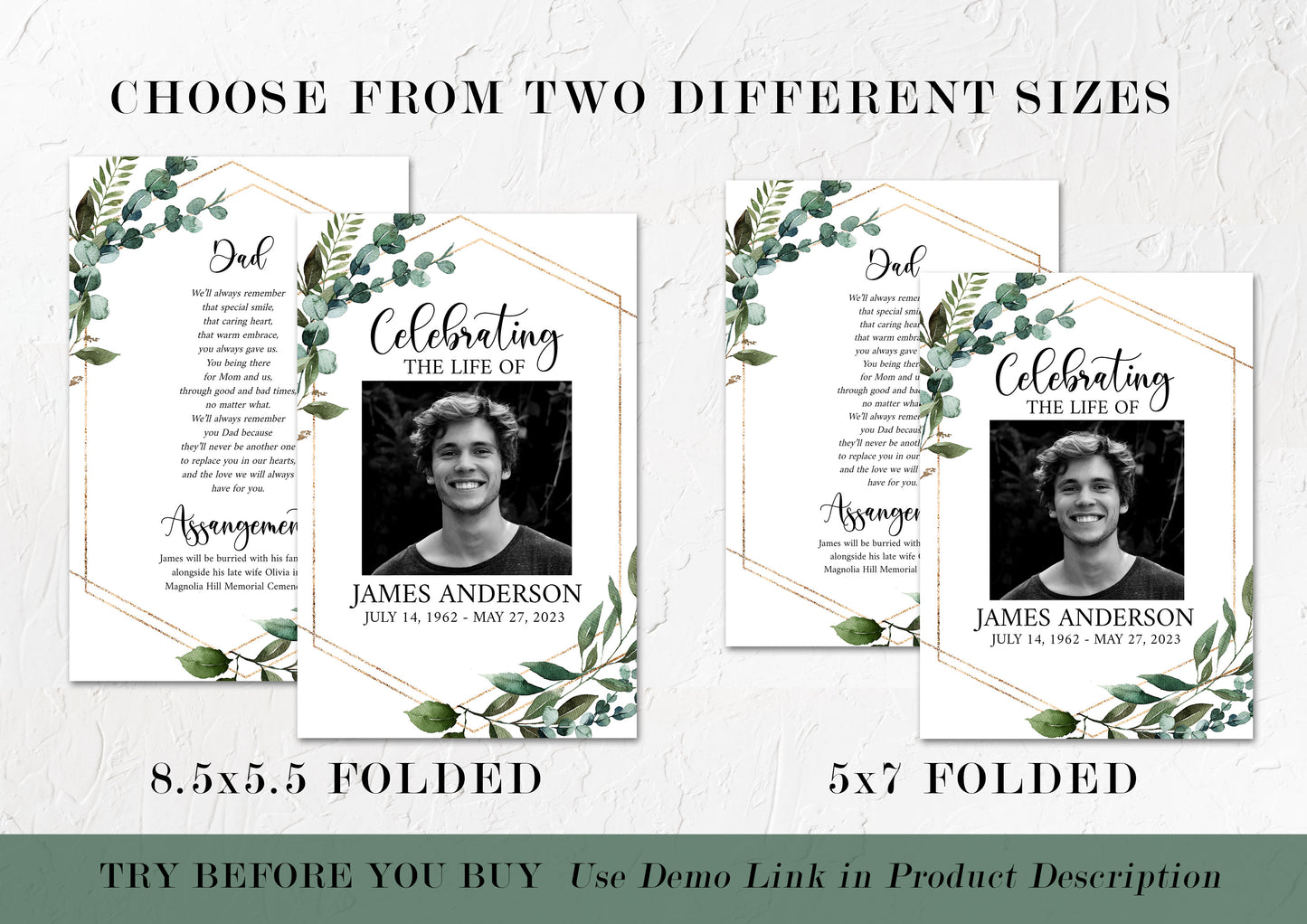 Celebration of life Watercolor Greenery Gold Funeral Program Template, Funeral Brochure, Greenery Gold Memorial Program, Obituary Program Q1