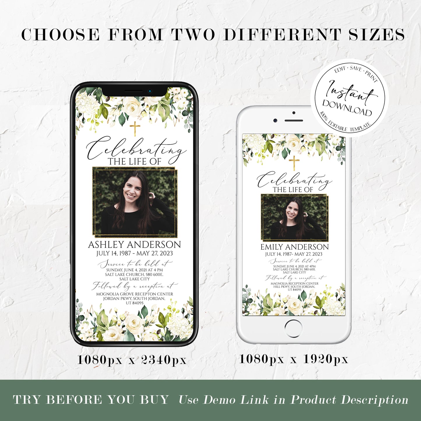 Celebration of life White Greenery Floral Gold Cross Digital Funeral Invitation, Memorial Evite, White Greenery Electronic Funeral Invite for women, Memorial Service Invitation