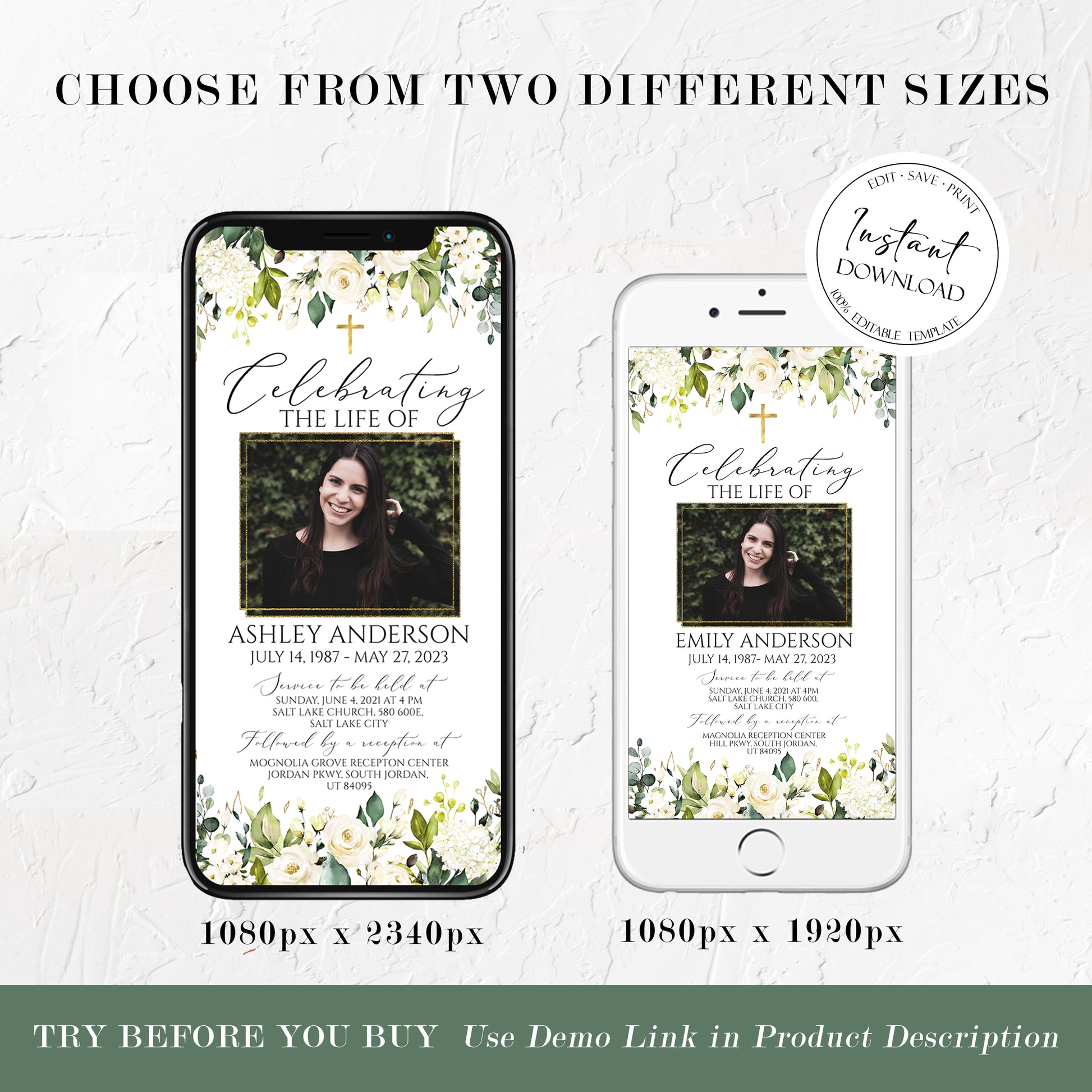 Celebration of life White Greenery Floral Gold Cross Digital Funeral Invitation, Memorial Evite, White Greenery Electronic Funeral Invite for women, Memorial Service Invitation