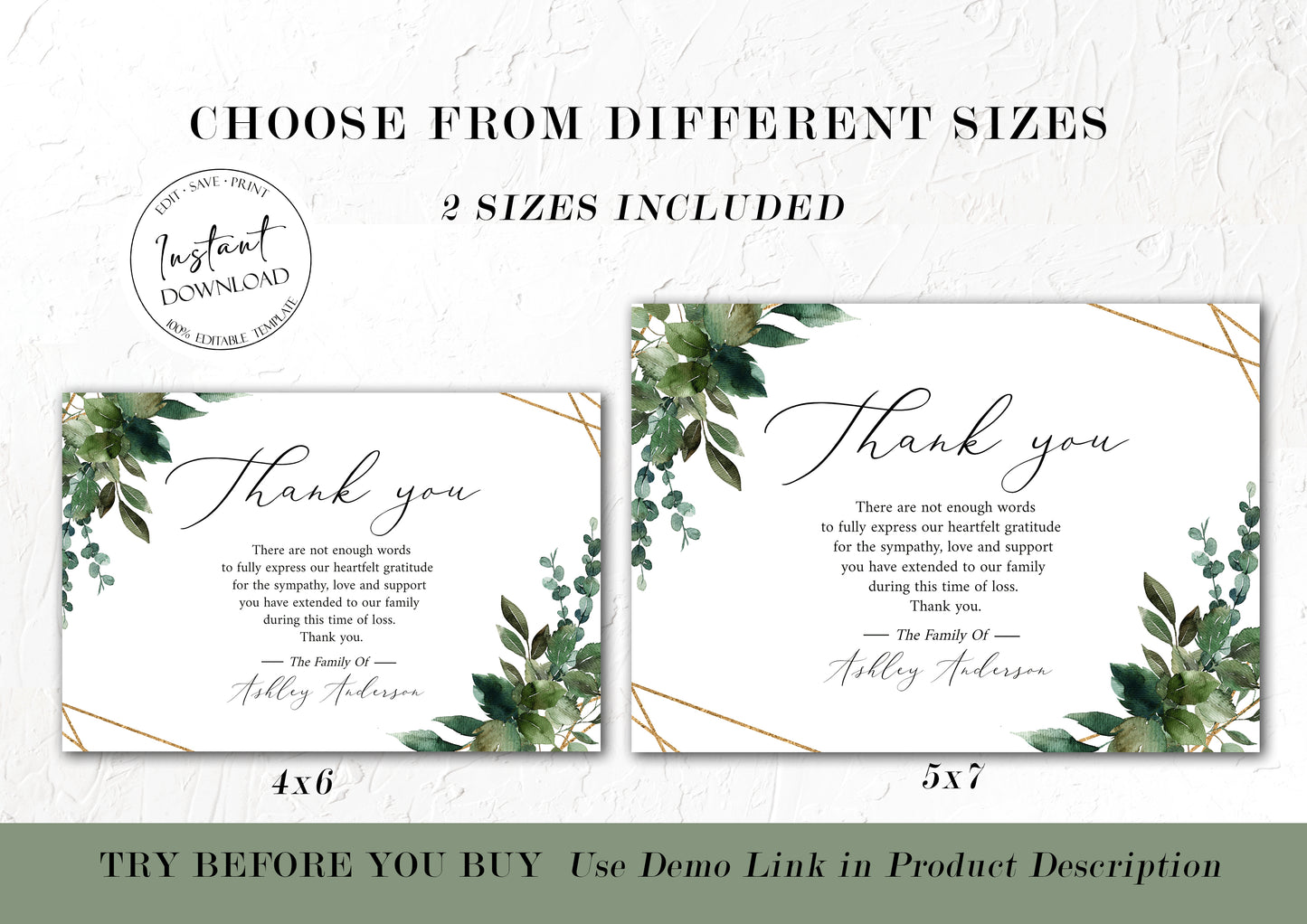 Celebration of life Watercolor Greenery Gold Funeral Thank You Card Template, Memorial Card, Printable Thank You Card Template, Editable Sympathy Card Q1