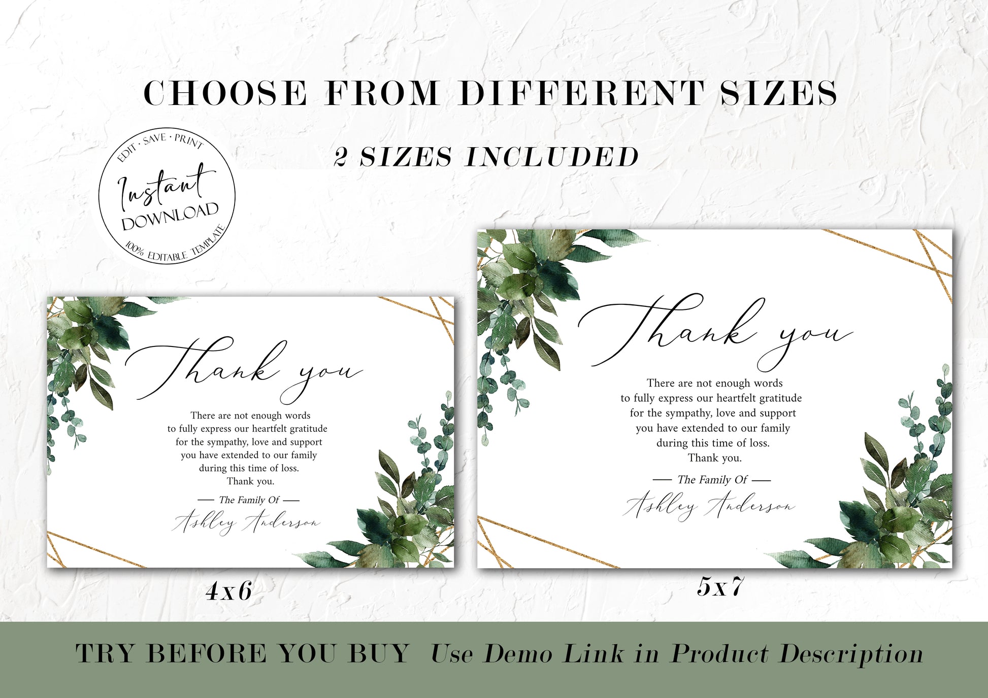 Celebration of life Watercolor Greenery Gold Funeral Thank You Card Template, Memorial Card, Printable Thank You Card Template, Editable Sympathy Card Q1