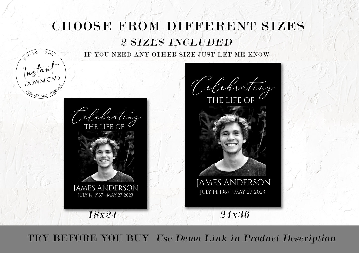 Celebration Of Life Minimalist Elegant Black 5 Photo Collage Funeral Welcome Sign Set Template, Black  Watercolor Memorial Sign Funeral Poster Photo Display Set of 5 