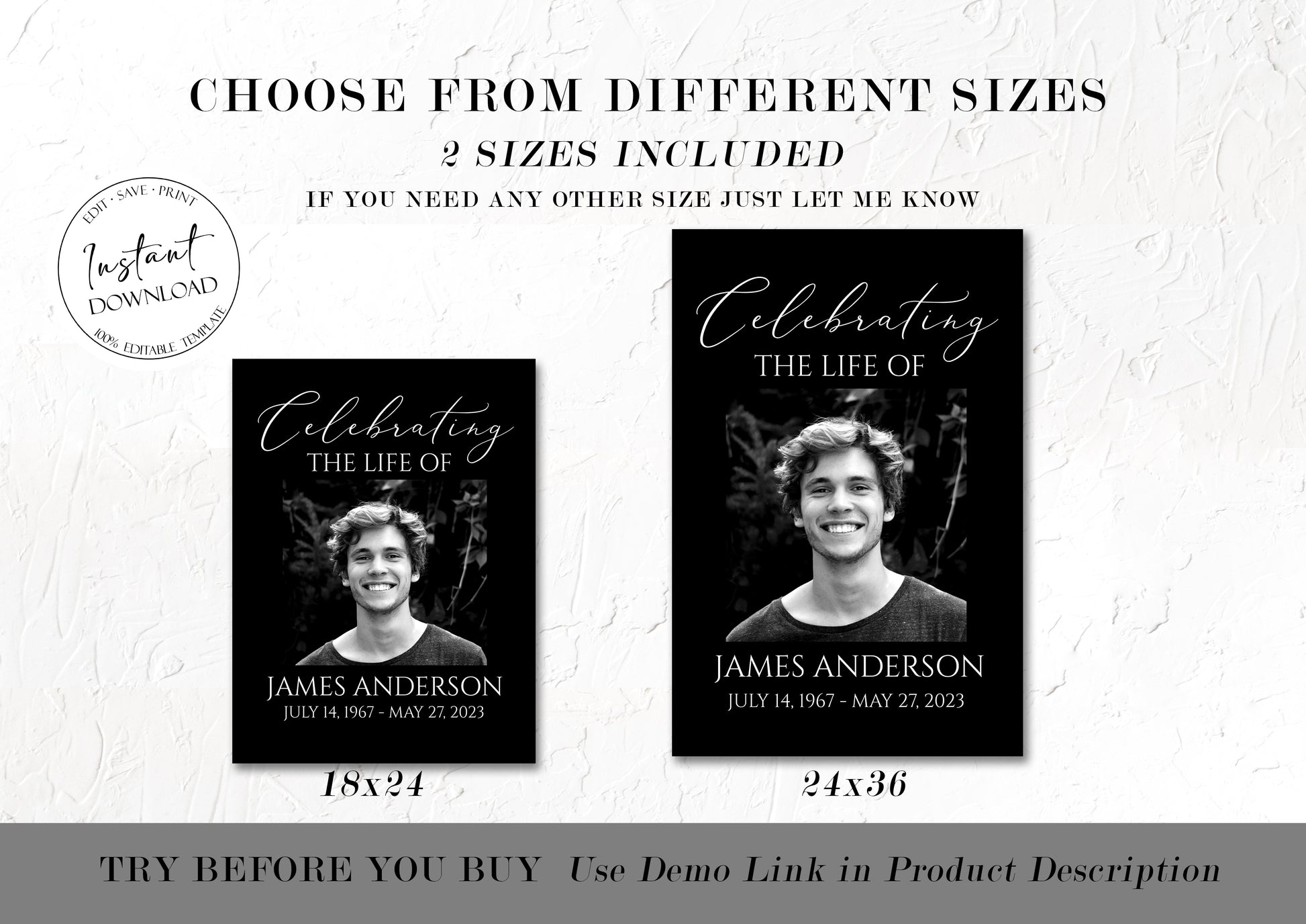 Celebration Of Life Minimalist Elegant Black 5 Photo Collage Funeral Welcome Sign Set Template, Black  Watercolor Memorial Sign Funeral Poster Photo Display Set of 5 