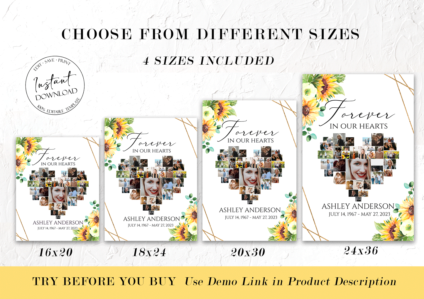 Forever in our Hearts Sunflower  Heart Photo Collage Funeral Welcome Sign Template, Editable Sunflower Hearts Memorial Photo Collage Poster Forever in our Hearts Sign