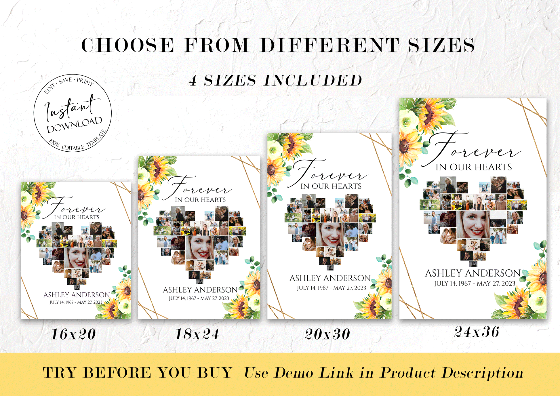 Forever in our Hearts Sunflower  Heart Photo Collage Funeral Welcome Sign Template, Editable Sunflower Hearts Memorial Photo Collage Poster Forever in our Hearts Sign