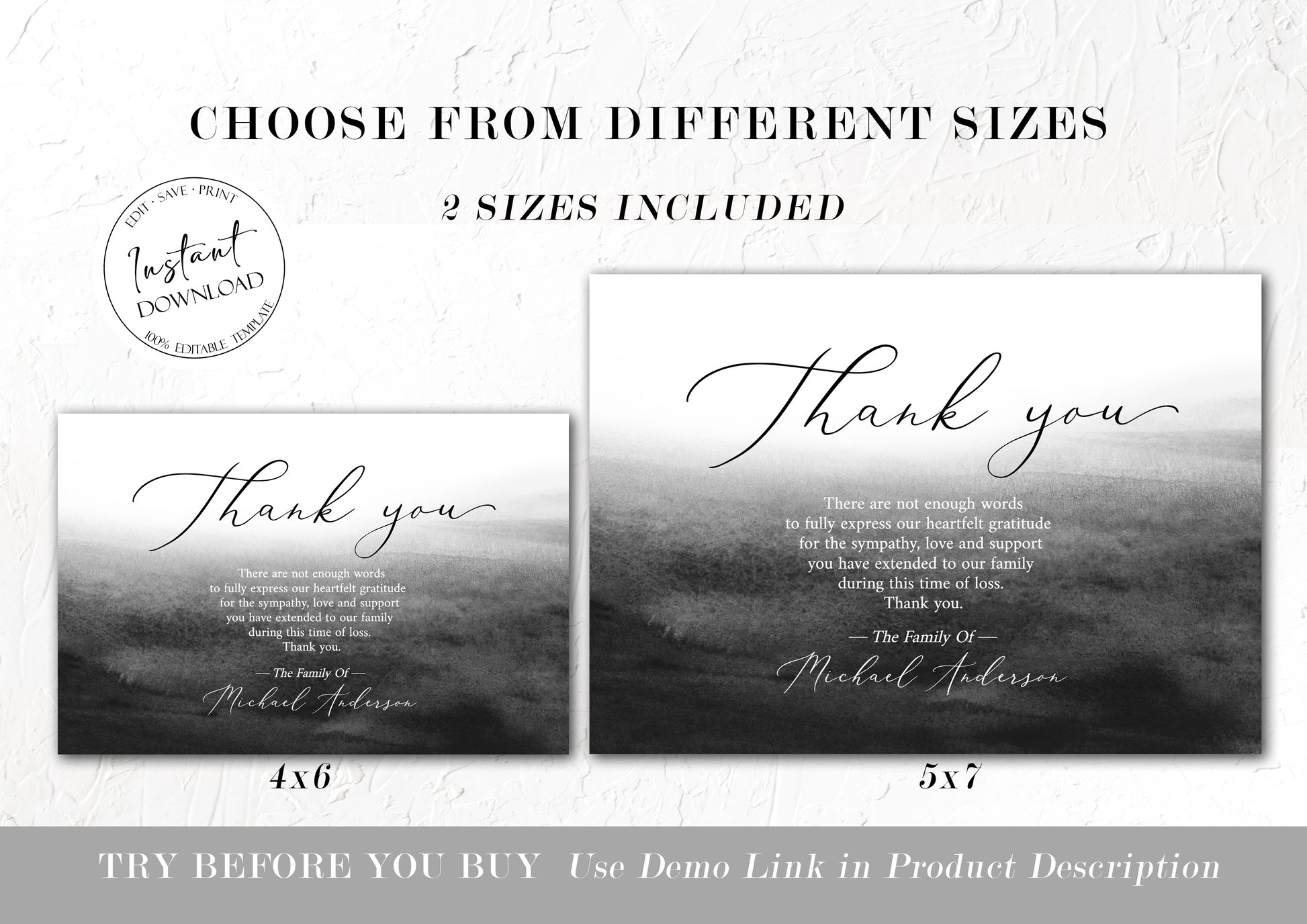 Celebration of life Black Watercolor Funeral Thank You Card Template, Black Memorial Card, Printable Black Funeral Thank You Card Template, Black Sympathy Card