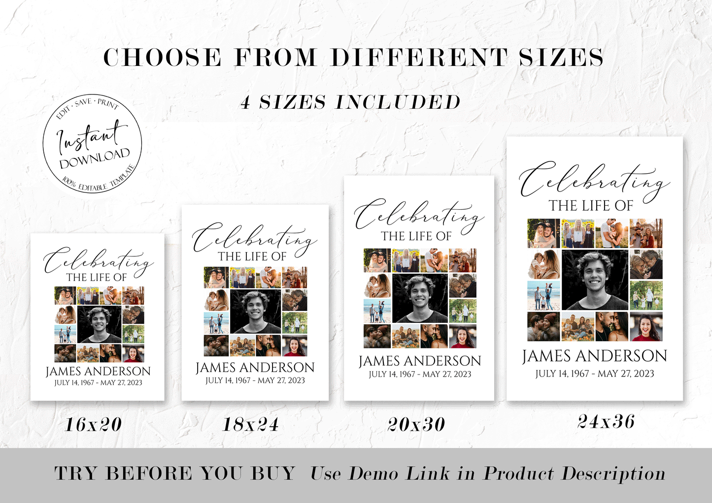 Celebration Of Life Multiple Photos Funeral Welcome Sign, Editable Simple Collage Funeral Poster, Photo Collage Memorial Service Sign S1