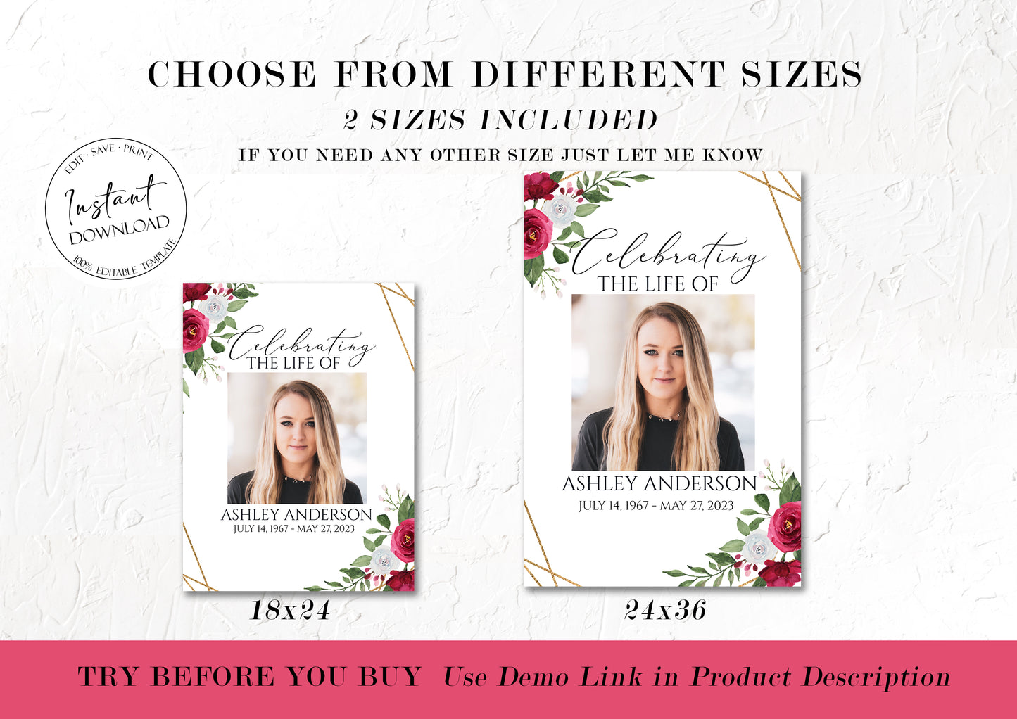 Celebration Of Life White Pink Roses Gold Funeral 5 Photo Collage Funeral Welcome Sign Set Templates, White Pink Photo Memorial Sign, Funeral Photo Display Set