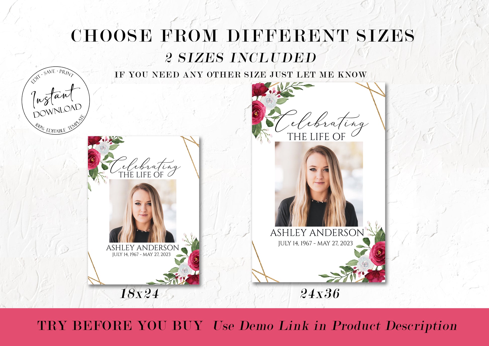 Celebration Of Life White Pink Roses Gold Funeral 5 Photo Collage Funeral Welcome Sign Set Templates, White Pink Photo Memorial Sign, Funeral Photo Display Set