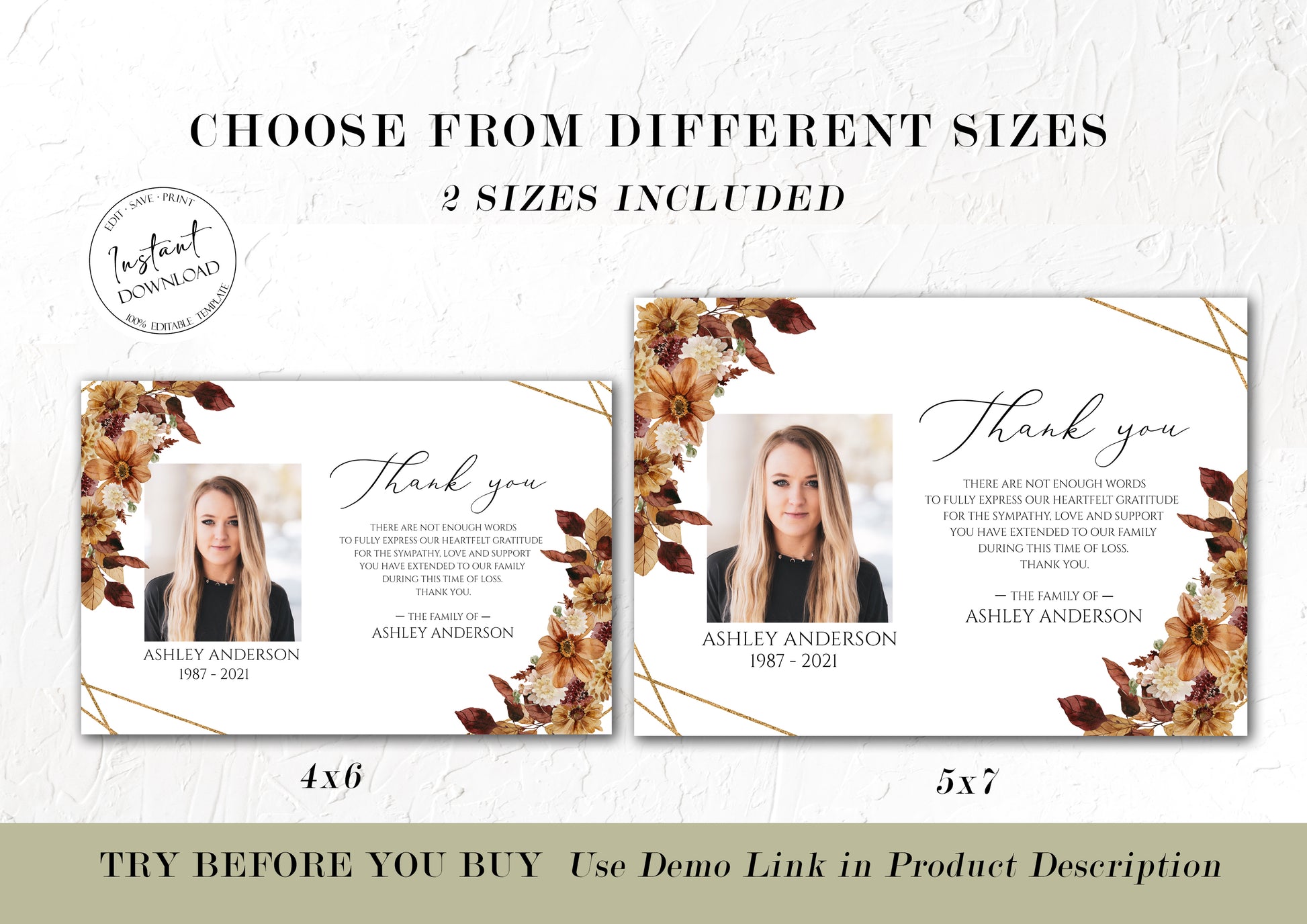 Celebration of life Orange Brown Dried Leaves Fall Funeral Photo Thank You Card Template, Printable Memorial Thank You Card, Autumn Memorial Sympathy Cards