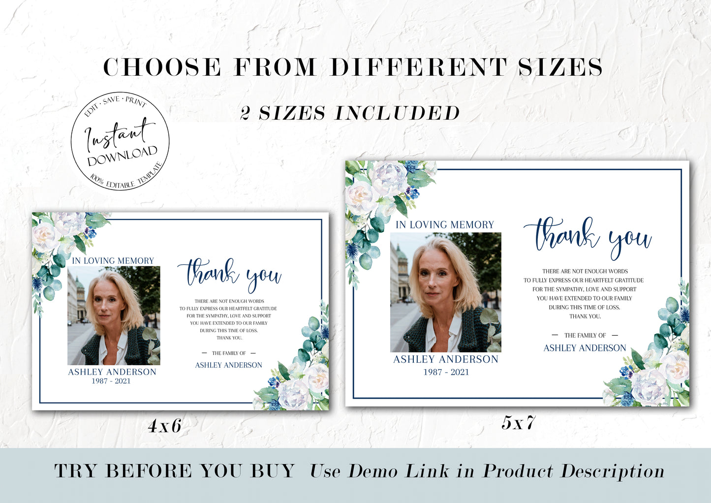 Celebration of life Blue White Floral Funeral Photo Thank You Card Template, Blue White Floral Funeral Thank You, Printable Memorial Thank You Cards, Sympathy Cards B1