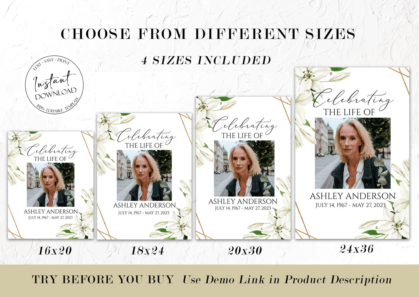 Celebration Of Life White Lilies Greenery Gold Funeral Welcome Sign Template, In Loving Memory Welcome Sign, White Lilies Memorial Sign, White Lilies Funeral Poster