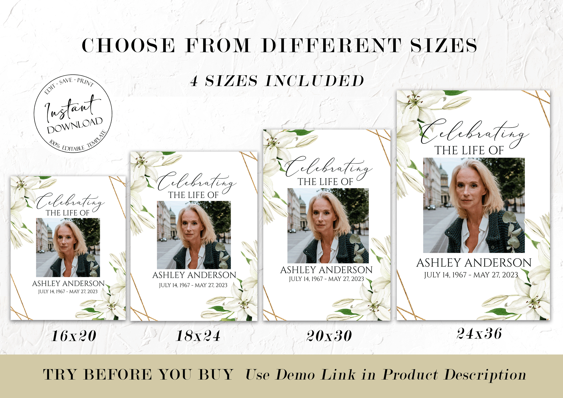 Celebration Of Life White Lilies Greenery Gold Funeral Welcome Sign Template, In Loving Memory Welcome Sign, White Lilies Memorial Sign, White Lilies Funeral Poster