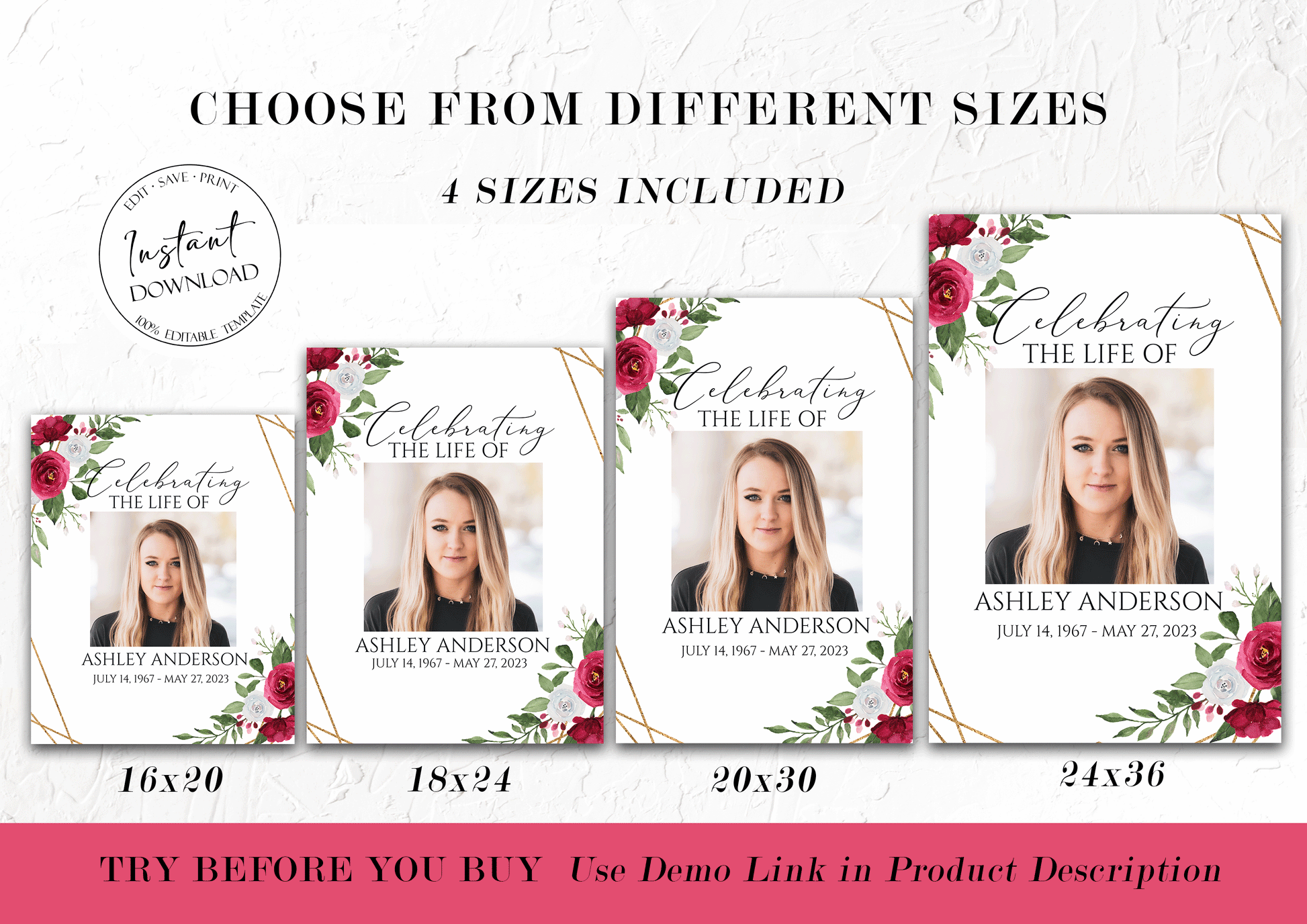 Celebration Of Life Sign, White Pink Roses Funeral Welcome Sign, In Loving Memory Welcome Sign, Editable Memorial Sign, Funeral Poster P2