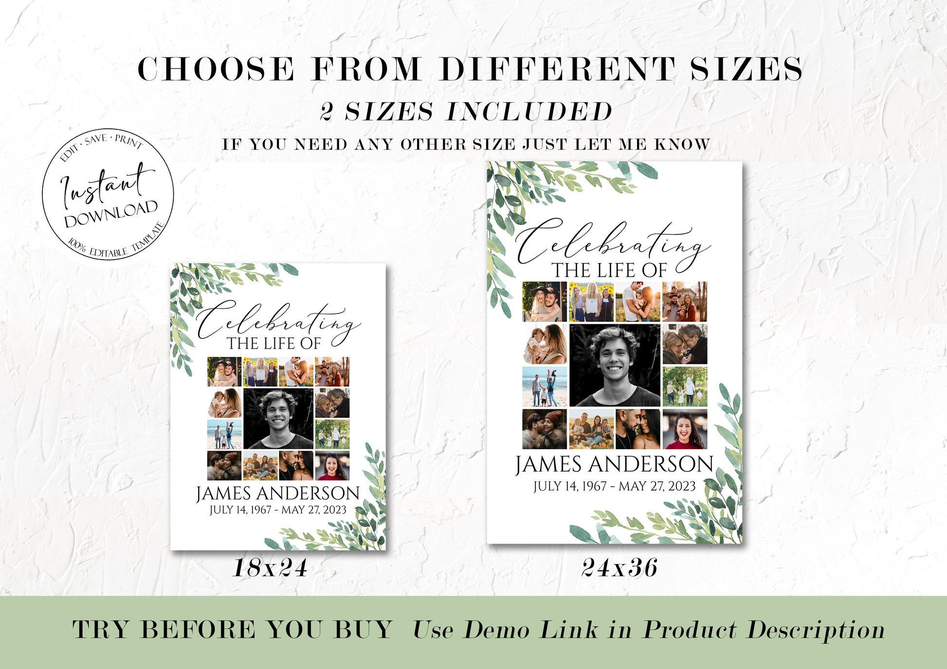 Celebration Of Life Watercolor Greenery Photo Collage Funeral Welcome Sign Templates, Editable Greenery Photo Collage Funeral Poster, Photo Memorial Sign, Funeral Photo Display Set G2