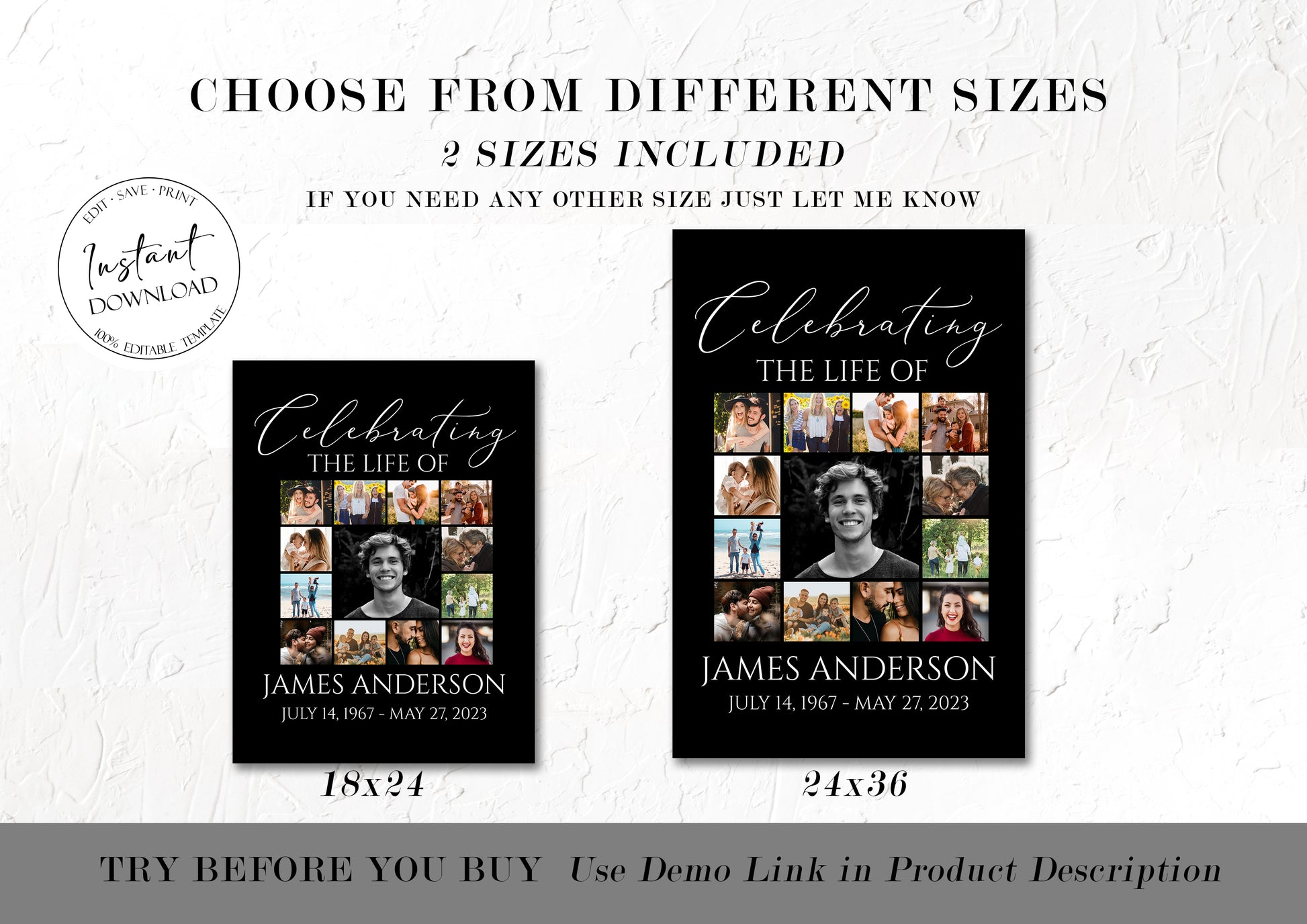 Celebration Of Life Minimalist Elegant Black 5 Photo Collage Funeral Welcome Sign Set Template,  Black Watercolor Memorial Sign Funeral Poster Photo Display Set of 5 