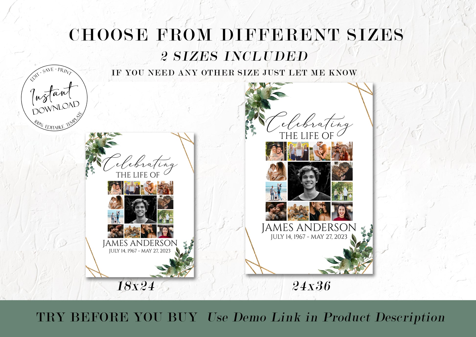 Celebration Of Life Watercolor Greenery Gold Photo Collage Funeral Welcome Sign Templates. Editable Greenery Photo Collage Funeral Poster, Photo Memorial Sign, Funeral Poster Photo Display Set G1