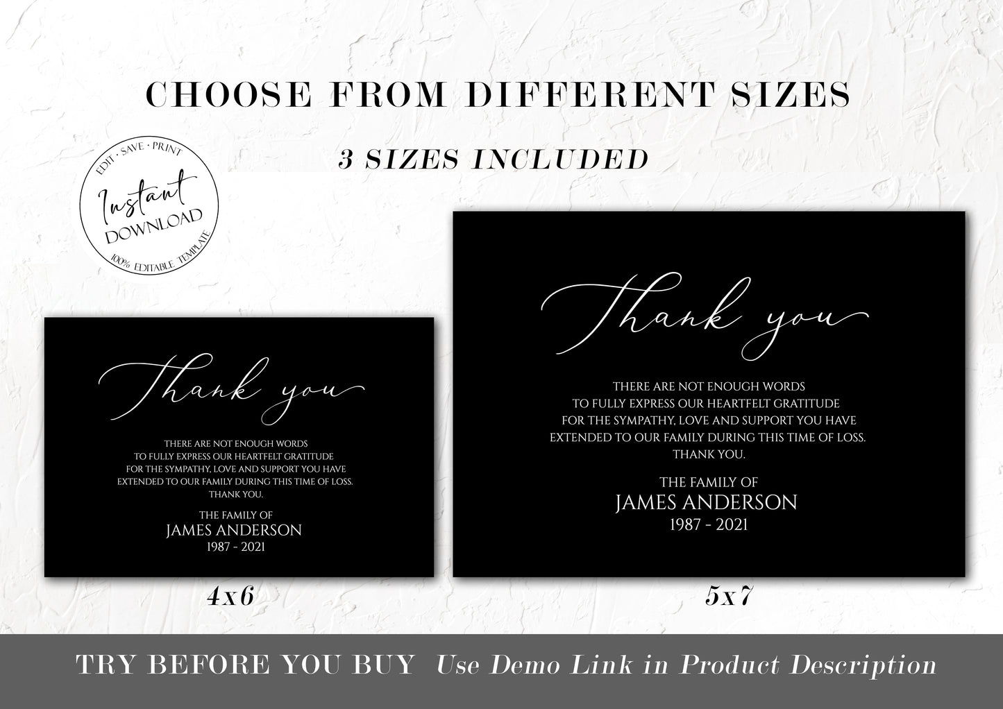 Celebration of life Minimalist Elegant Black Funeral Thank you Card Template B7