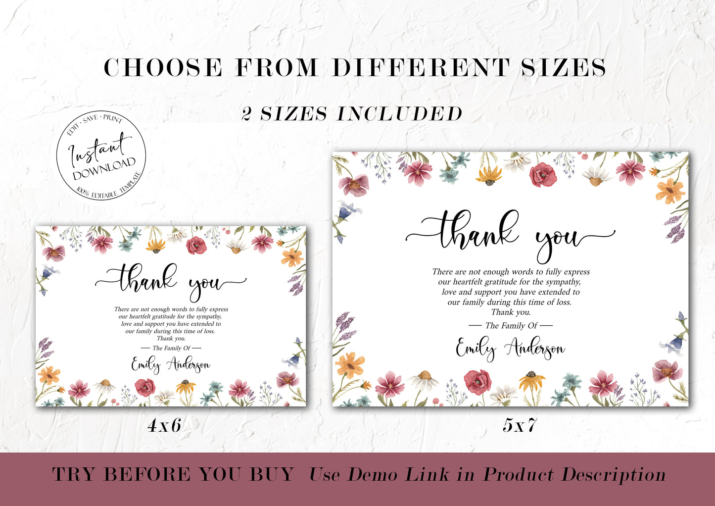 Celebration of life Red Greenery Wildflower Meadow Funeral Photo Thank You Card Template, Wildflower Memorial Thank You Cards, Editable Wildflower Sympathy Card