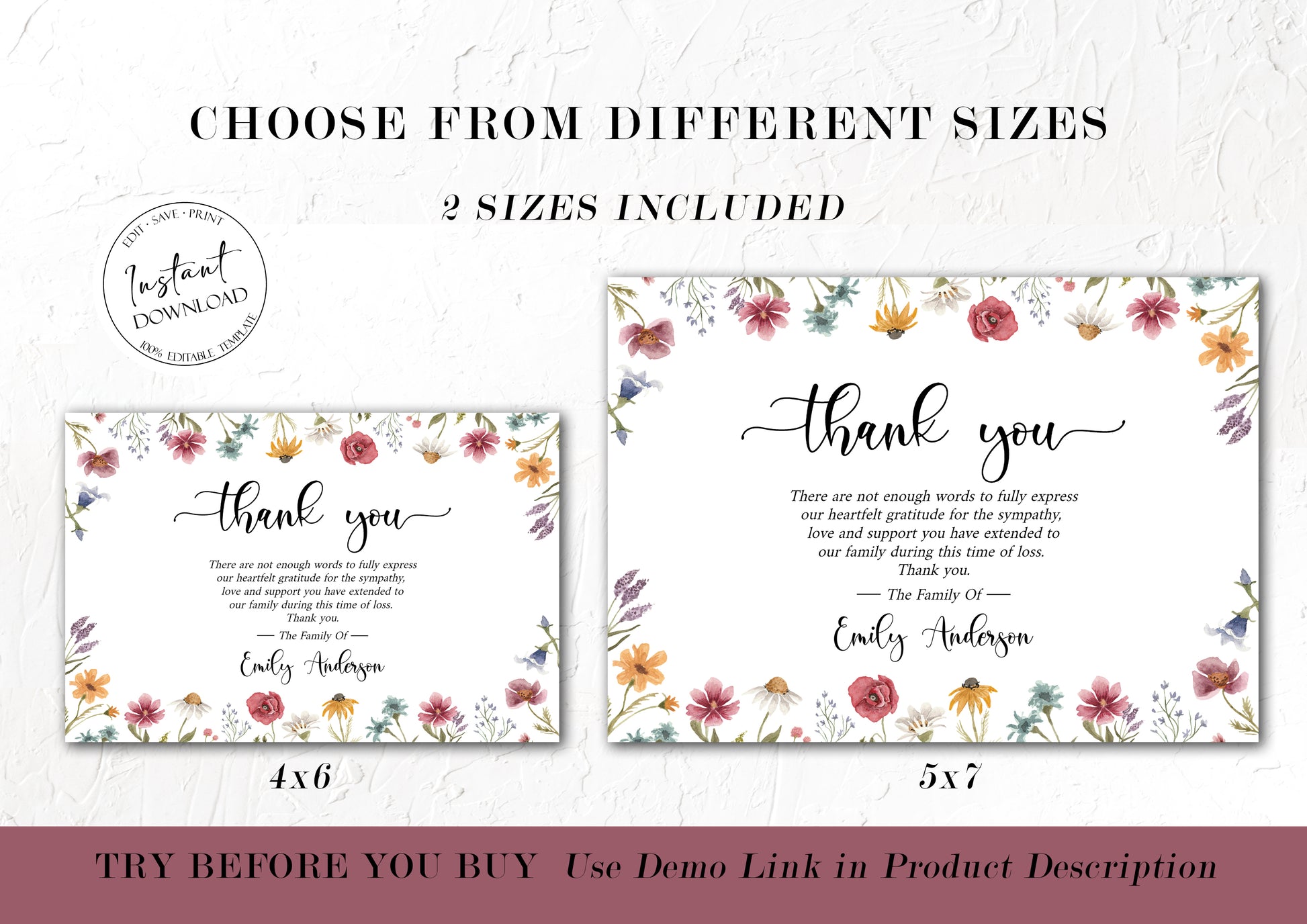 Celebration of life Red Greenery Wildflower Meadow Funeral Photo Thank You Card Template, Wildflower Memorial Thank You Cards, Editable Wildflower Sympathy Card
