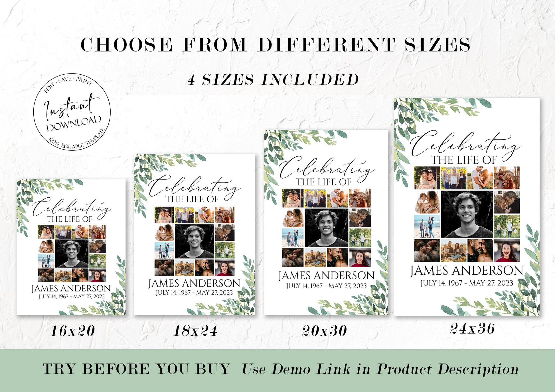 Celebration Of Life Watercolor Greenery Photo Collage Funeral Welcome Sign Template, Greenery Photo Collage Funeral Poster, Photo Collage Memorial Sign G2