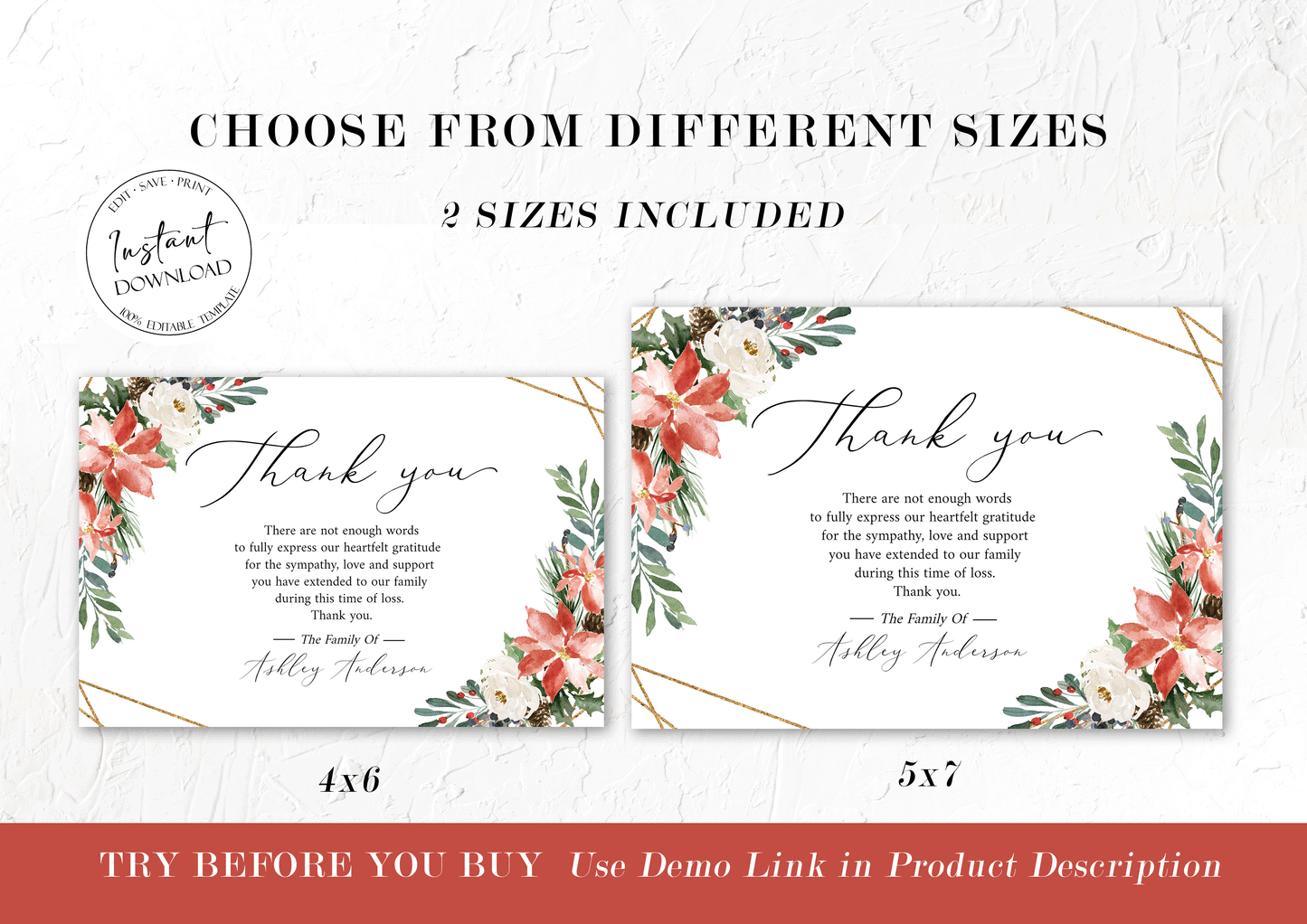 Celebration of life Christmas Winter Red Greenery Gold Funeral Thank You Card Template W1