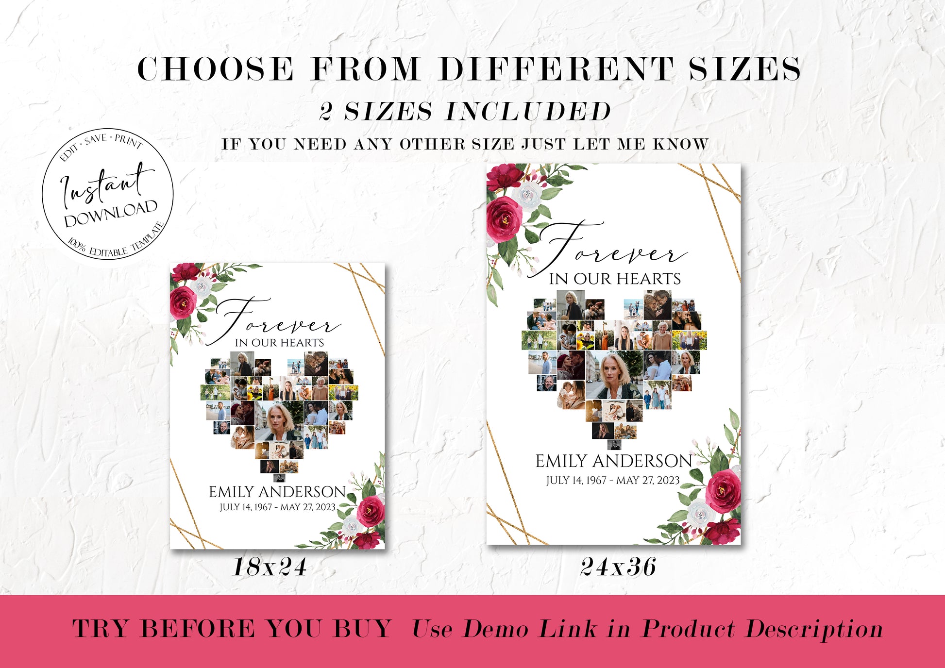 Forever in our Hearts White Pink Roses 5 Photo Collage Funeral Welcome Sign Set Templates , Forever in our Hearts White Pink Roses Memorial Photo Display Set