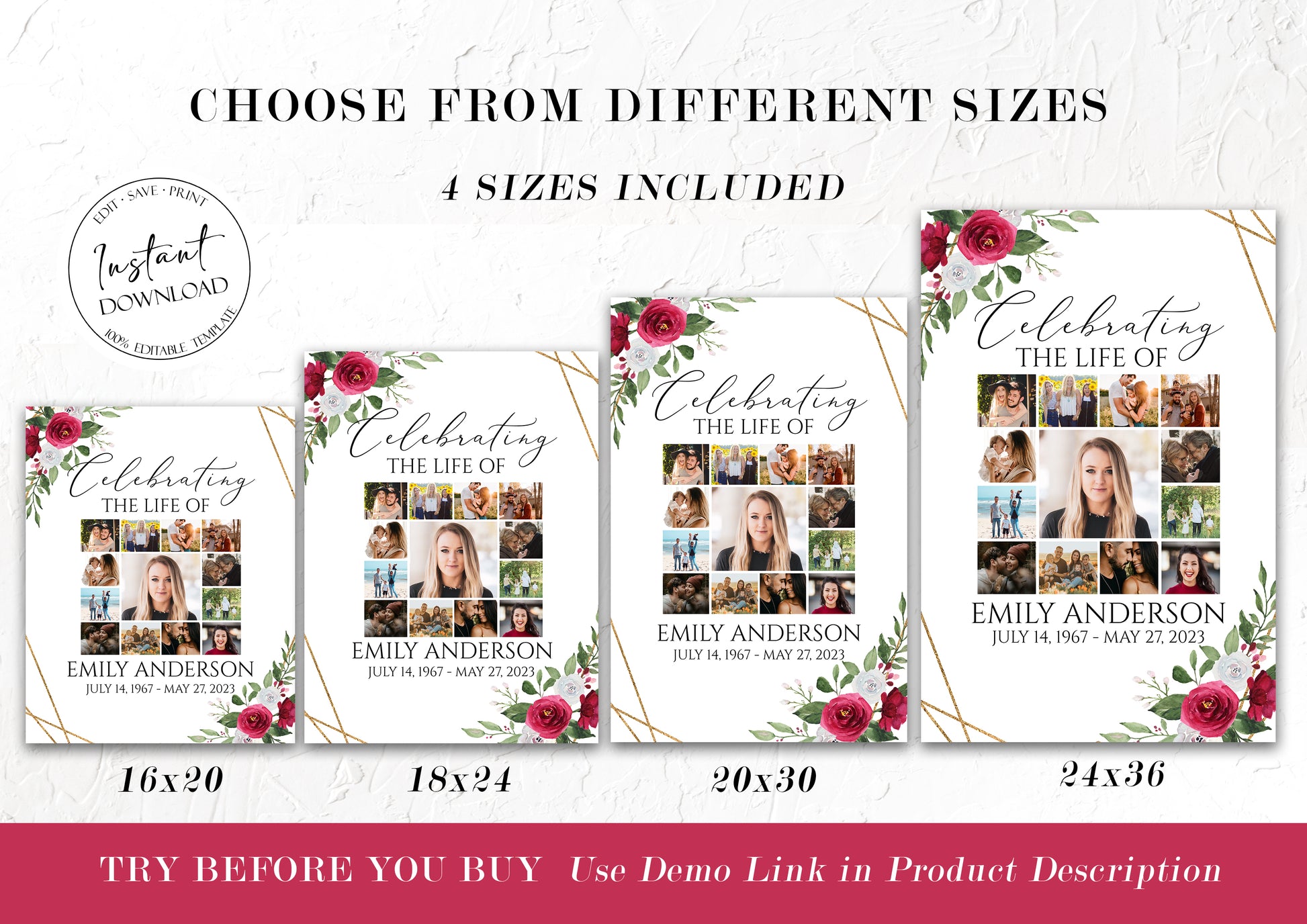 Celebration Of Life White Pink Roses Photo Collage Funeral Welcome Sign Template  Multiple Photos Funeral Poster, Editable White Pink Roses Photo Collage Memorial Signň