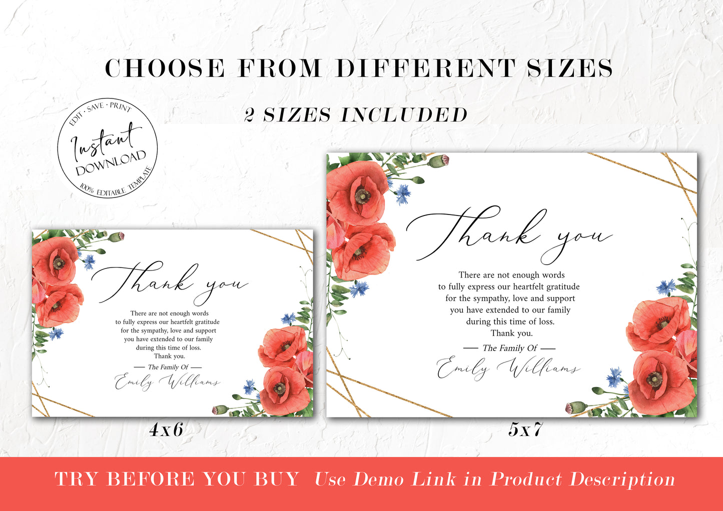Celebration of life Red Poppies Greenery Funeral Thank You Card Template, Celebration of life Printable Red Poppies Funeral Thank You Cards Red Poppies Sympathy Card