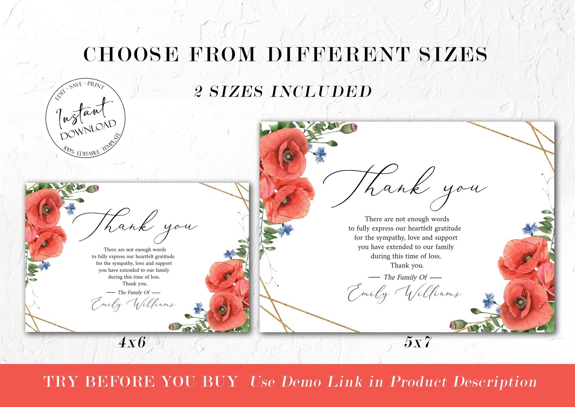 Celebration of life Red Poppies Greenery Funeral Thank You Card Template, Celebration of life Printable Red Poppies Funeral Thank You Cards Red Poppies Sympathy Card