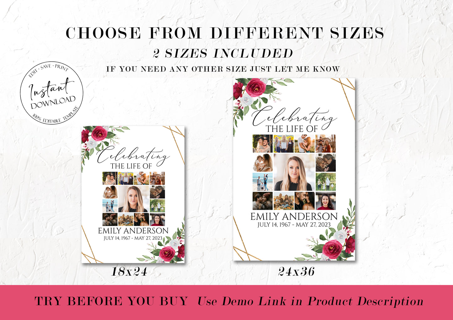 Celebration Of Life White Pink Roses Gold Funeral Photo Collage Funeral Welcome Sign Templates, Photo Memorial Sign, White Pink Roses Funeral Photo Display Set