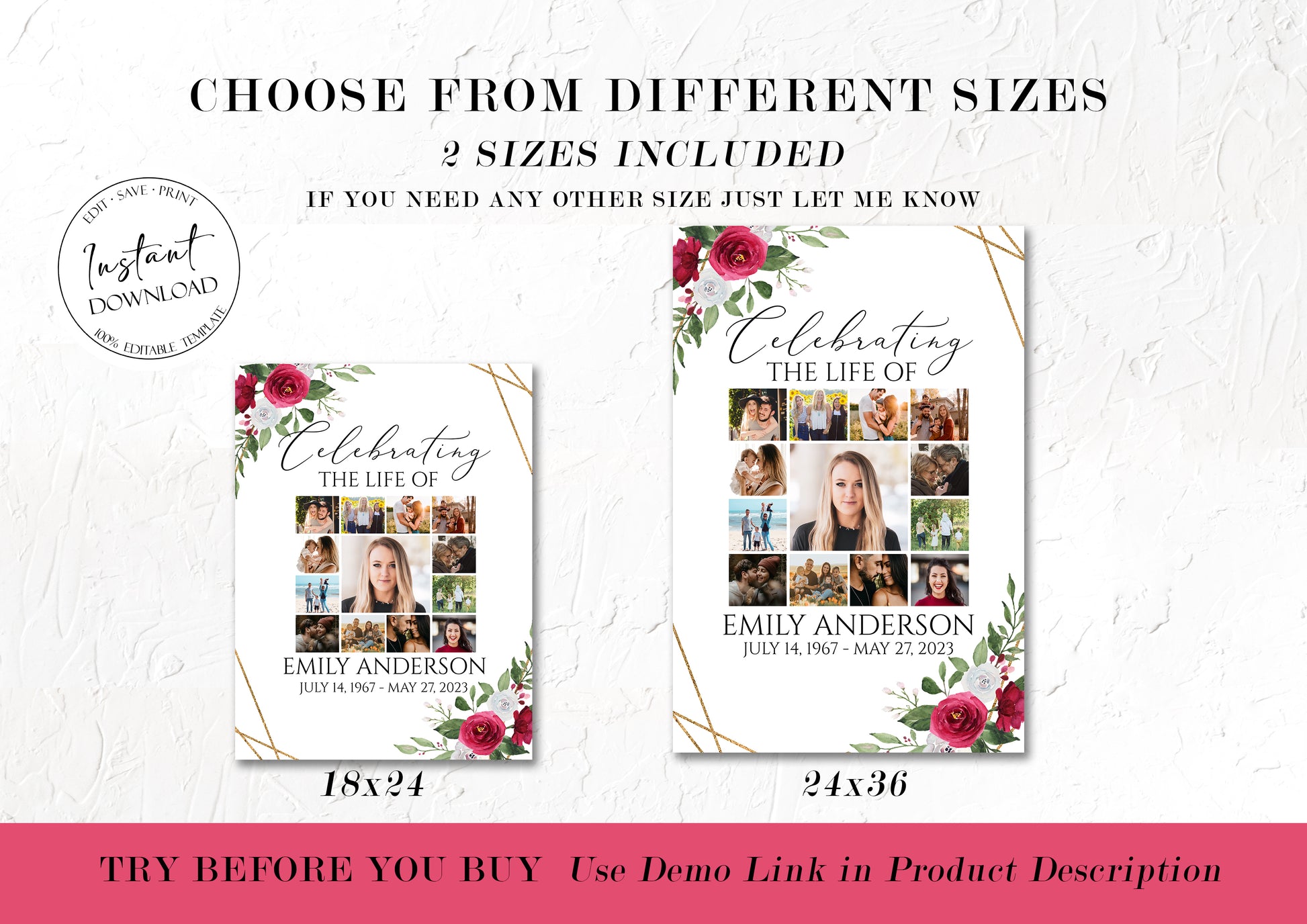 Celebration Of Life White Pink Roses Gold Funeral Photo Collage Funeral Welcome Sign Templates, Photo Memorial Sign, White Pink Roses Funeral Photo Display Set
