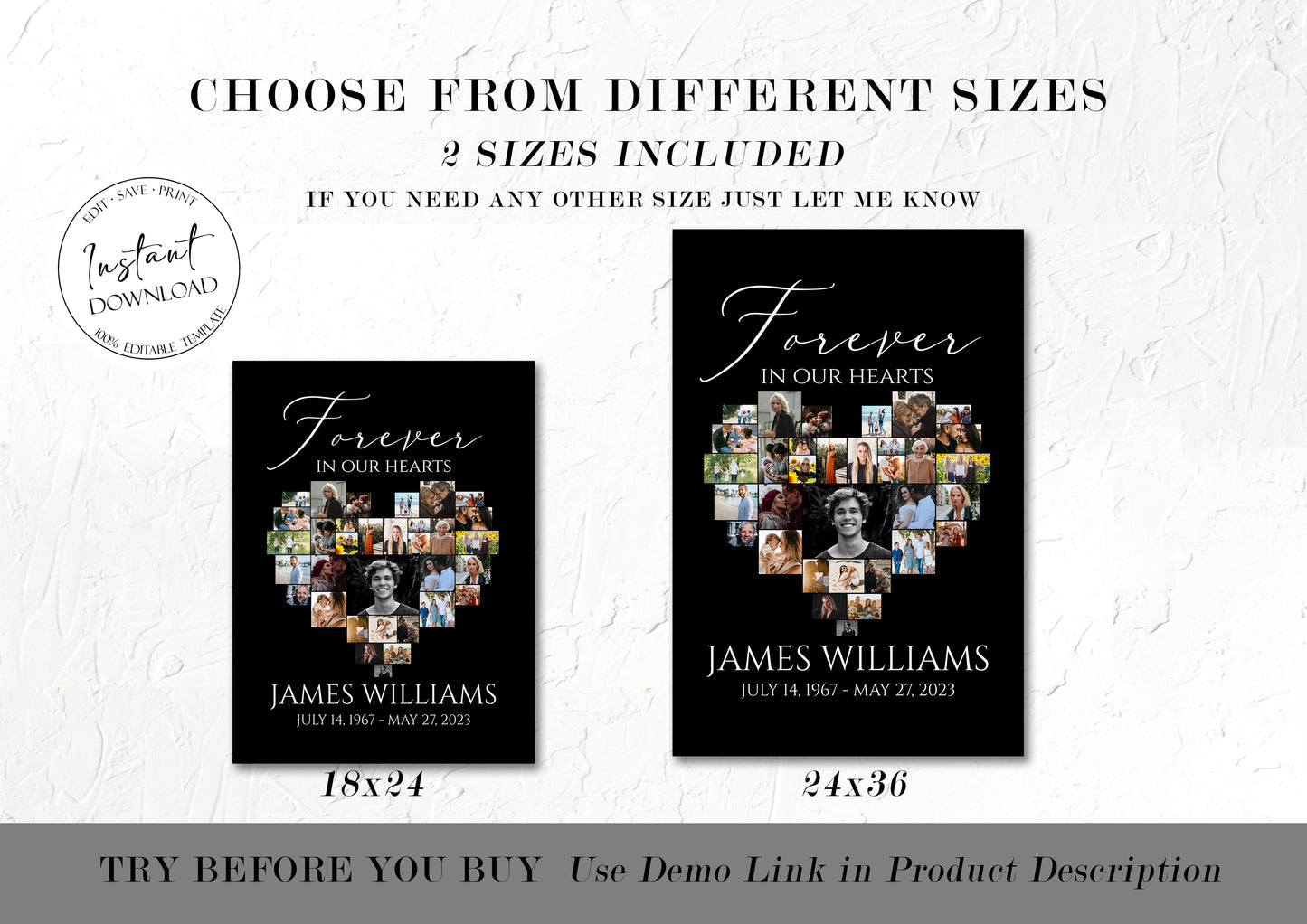 Forever in our Hearts Minimalist Elegant Black Heart Photo Collage 5 Funeral Welcome Sign Templates, Black Watercolor Heart Photo Collage 5 Funeral Welcome Poster
