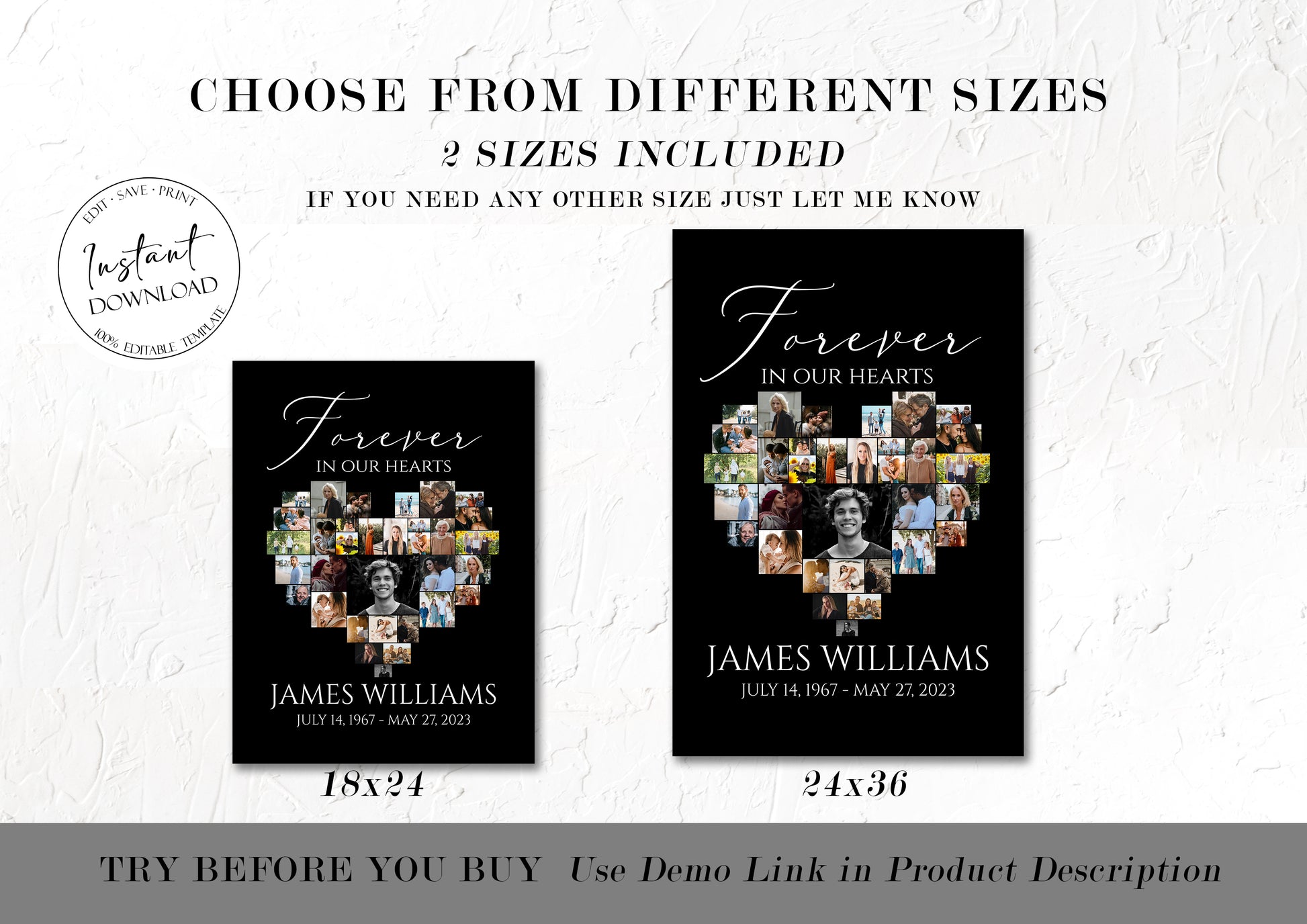 Forever in our Hearts Minimalist Elegant Black Heart Photo Collage 5 Funeral Welcome Sign Templates, Black Watercolor Heart Photo Collage 5 Funeral Welcome Poster