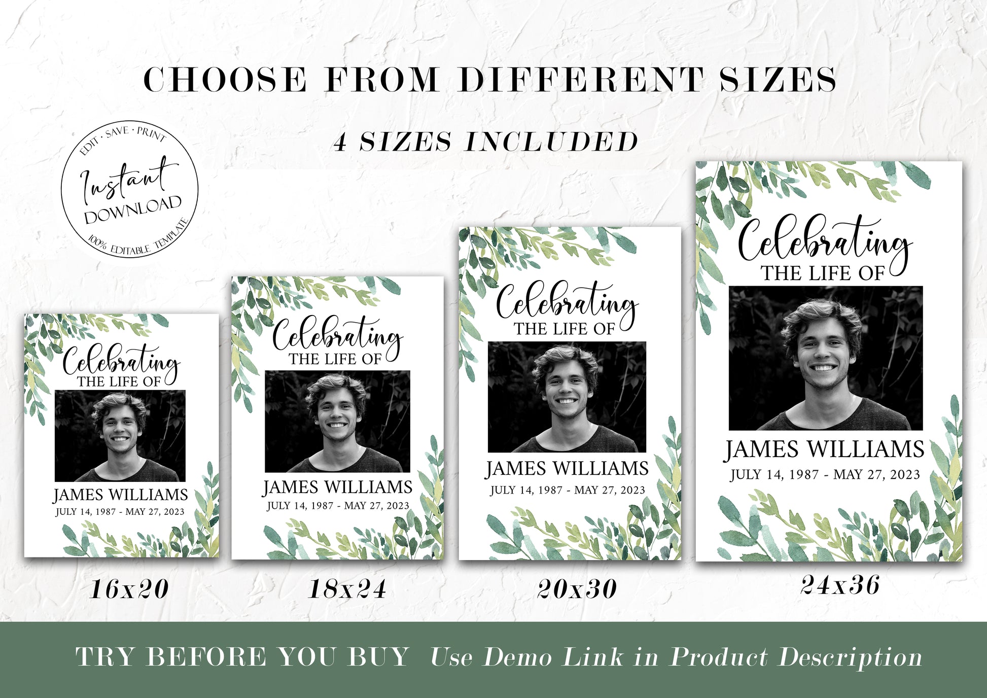 Celebration Of Life Greenery Funeral Welcome Sign Template, Greenery Funeral Poster, Printable Obituary Sign, Greenery Memorial Sign G2