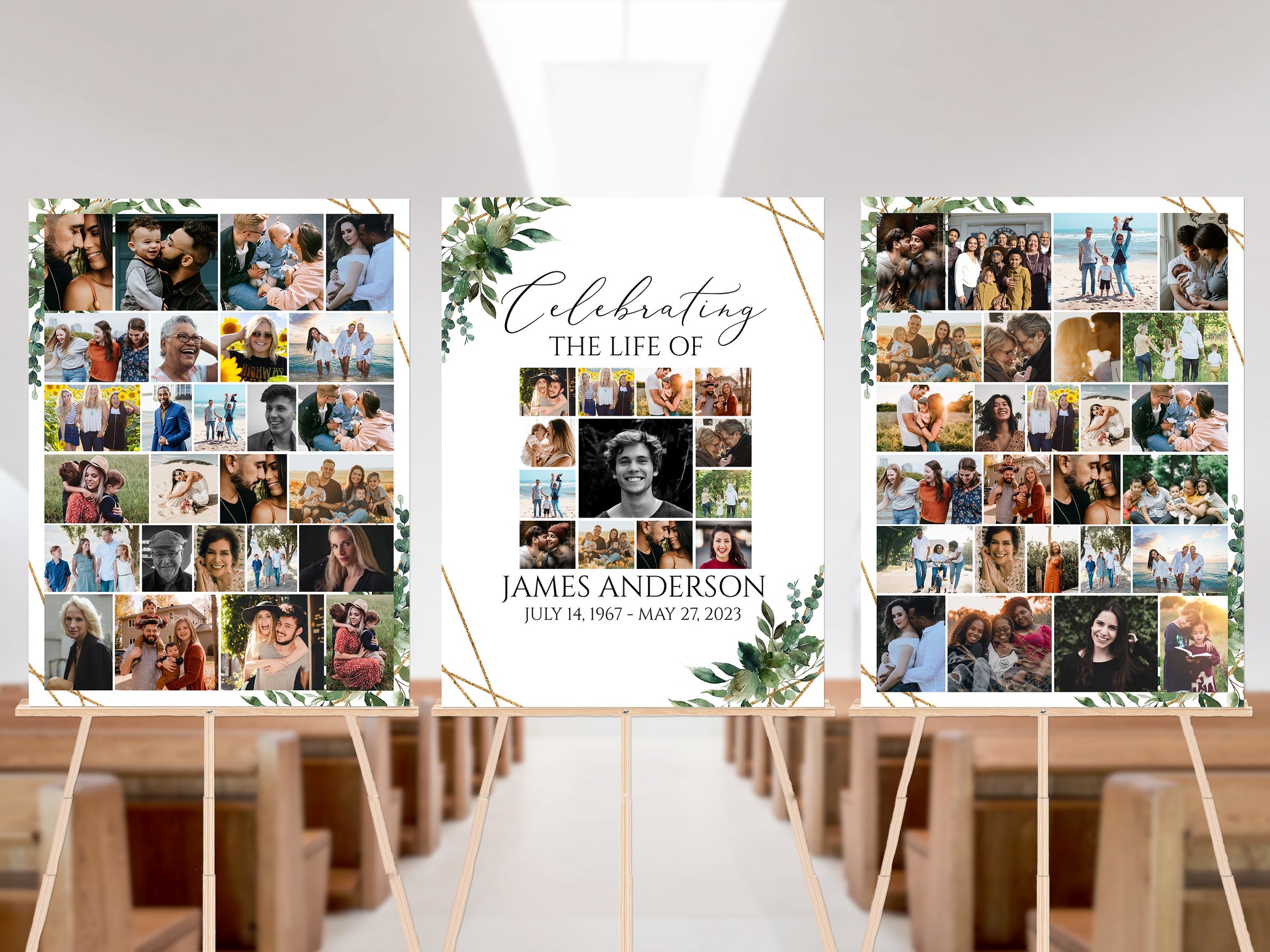 Celebration Of Life Watercolor Greenery Gold Photo Collage Funeral Welcome Sign Templates. Editable Greenery Photo Collage Funeral Poster, Photo Memorial Sign, Funeral Poster Photo Display Set G1