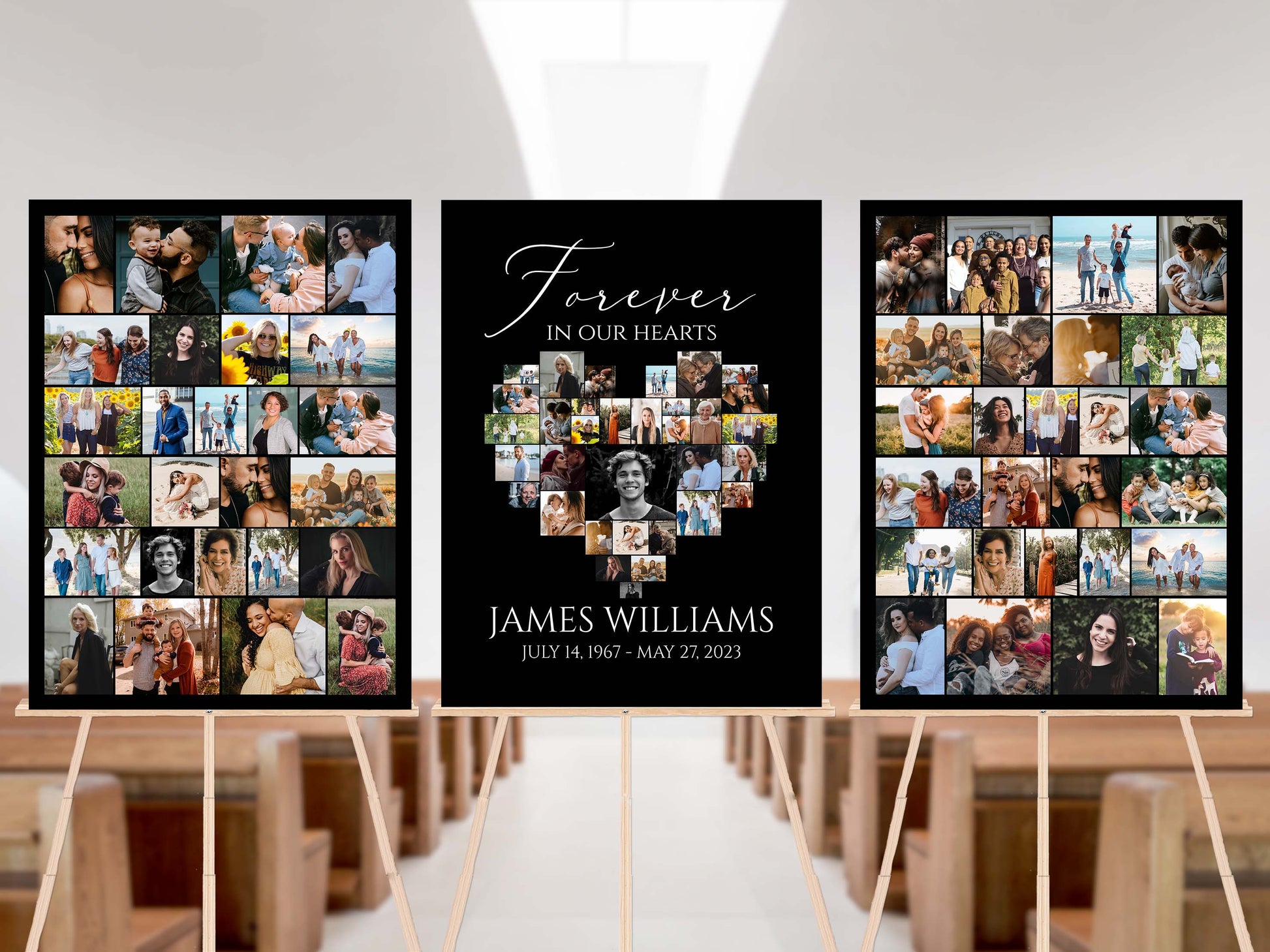 Forever in our Hearts Minimalist Elegant Black Heart Photo Collage Funeral Welcome Sign Set Templates, Black Simple Memorial Photo Display Set