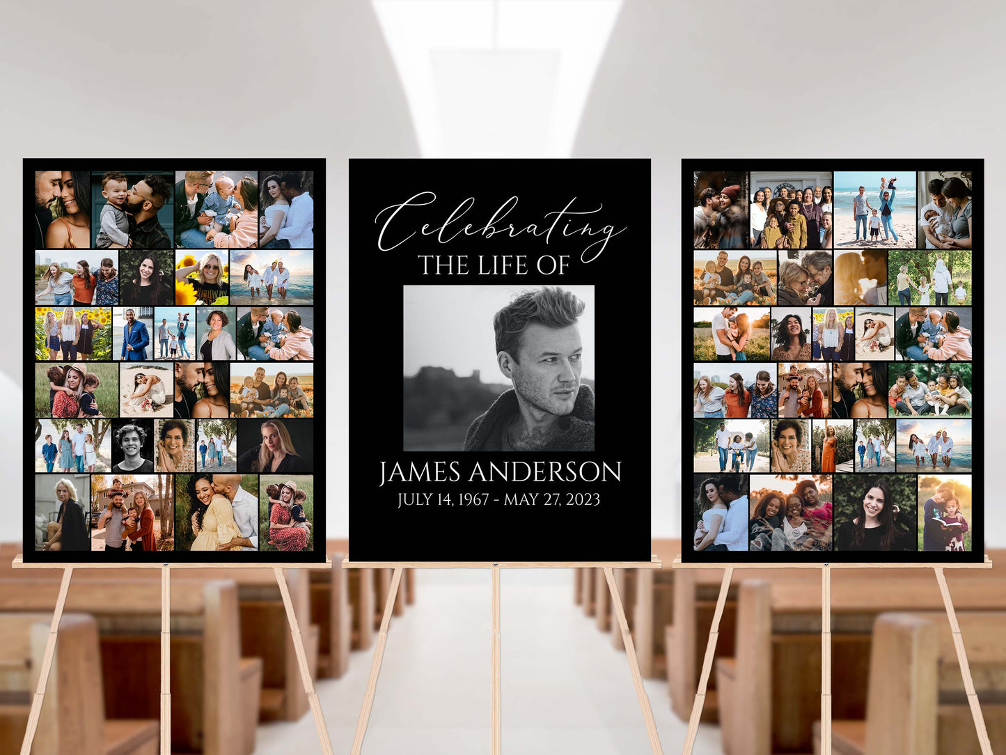 Celebration Of Life Minimalist Elegant Black Photo Collage Funeral Welcome Sign Set Templates, Funeral Poster Photo Display Set, Photo Collage Memorial Service Sign