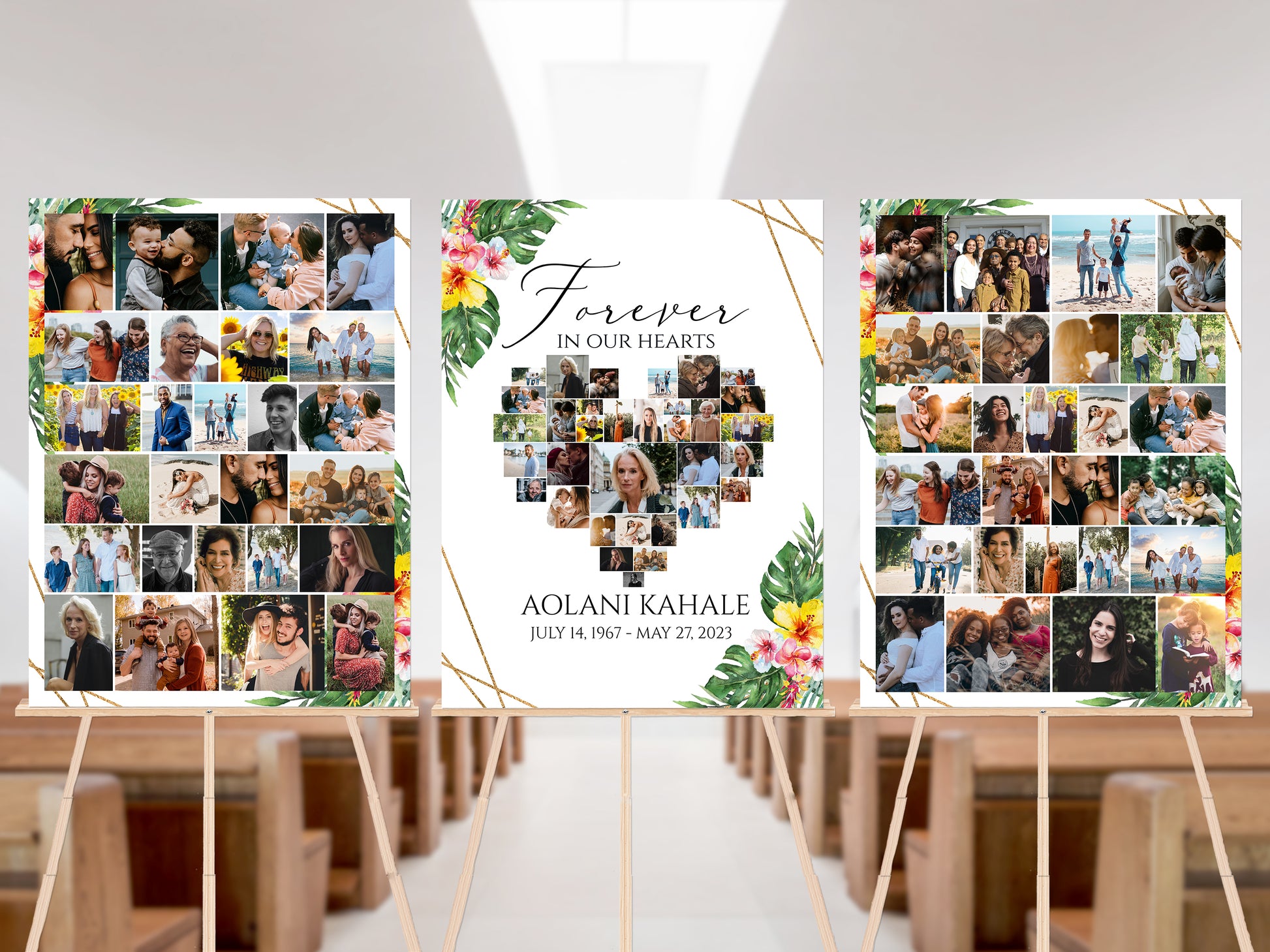 Forever in our Hearts Tropical Hawaiian Plumeria Heart Photo Collage Funeral Welcome Sign Set Templates, Hawaiian Forever in our Hearts Memorial Photo Display Set H1