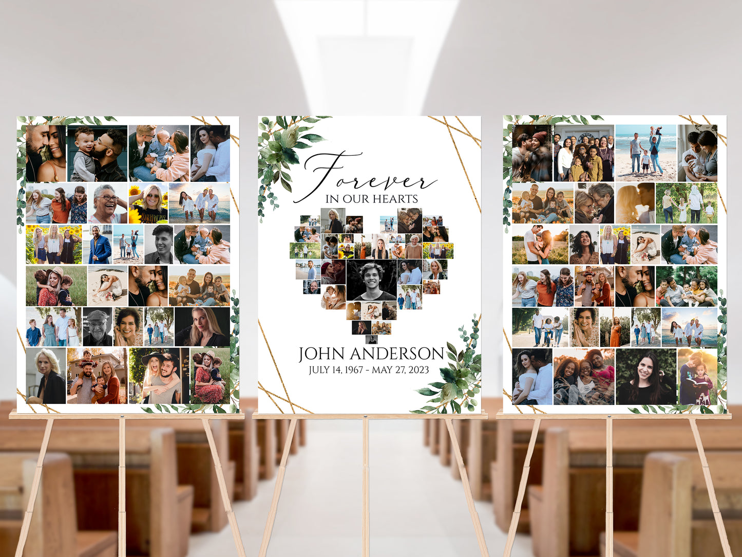 Forever in our Hearts Watercolor Greenery Heart Photo Collage Funeral Welcome Sign Template, Editable Greenery Heart Photo Collage Funeral Sign, Memorial Photo Display Set Q1