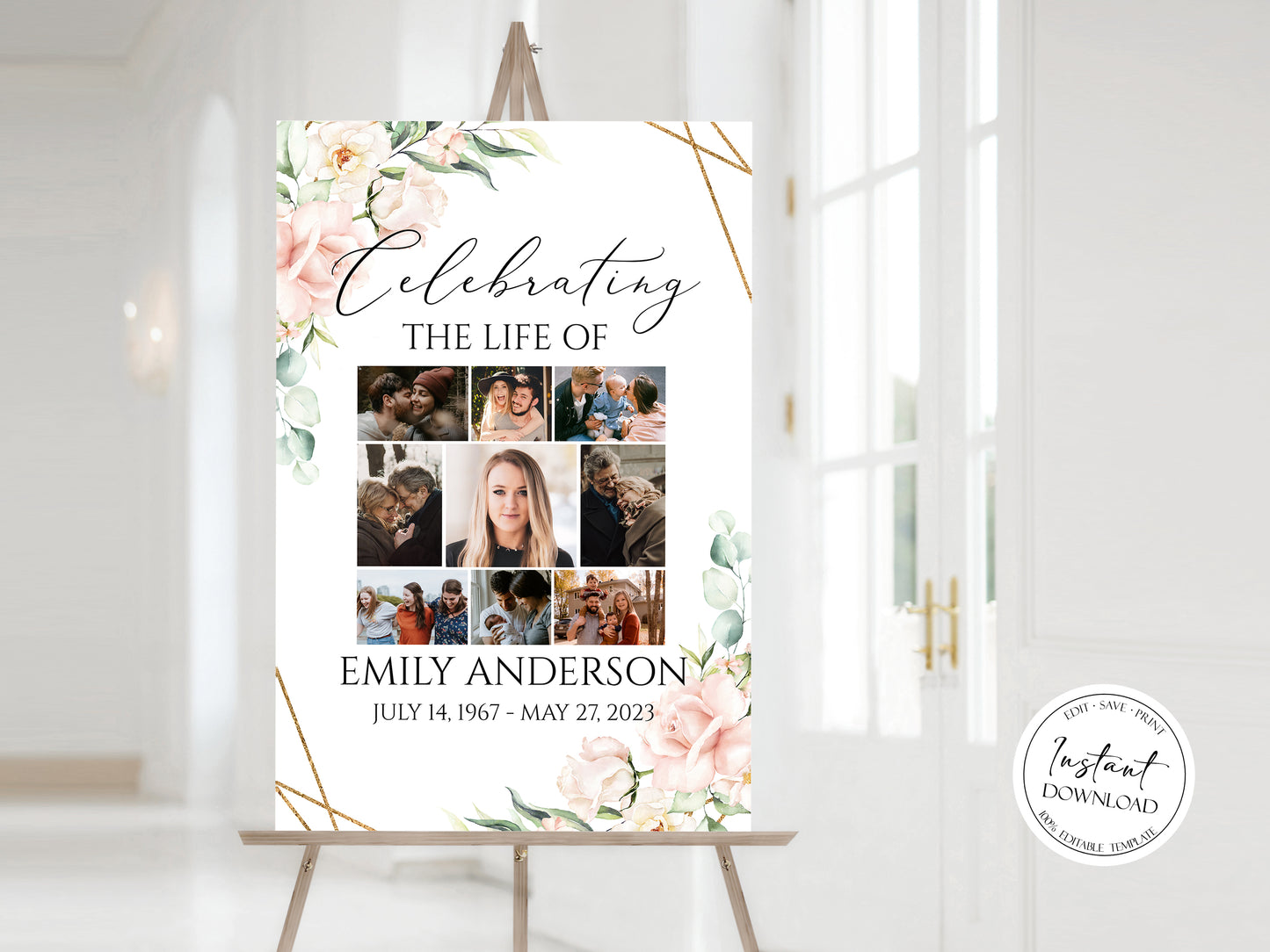 Celebration Of Life Photo Collage Funeral Welcome Sign, Blush Pink Flowers Photo Collage Funeral Poster, Photo Collage Memorial Sign P4