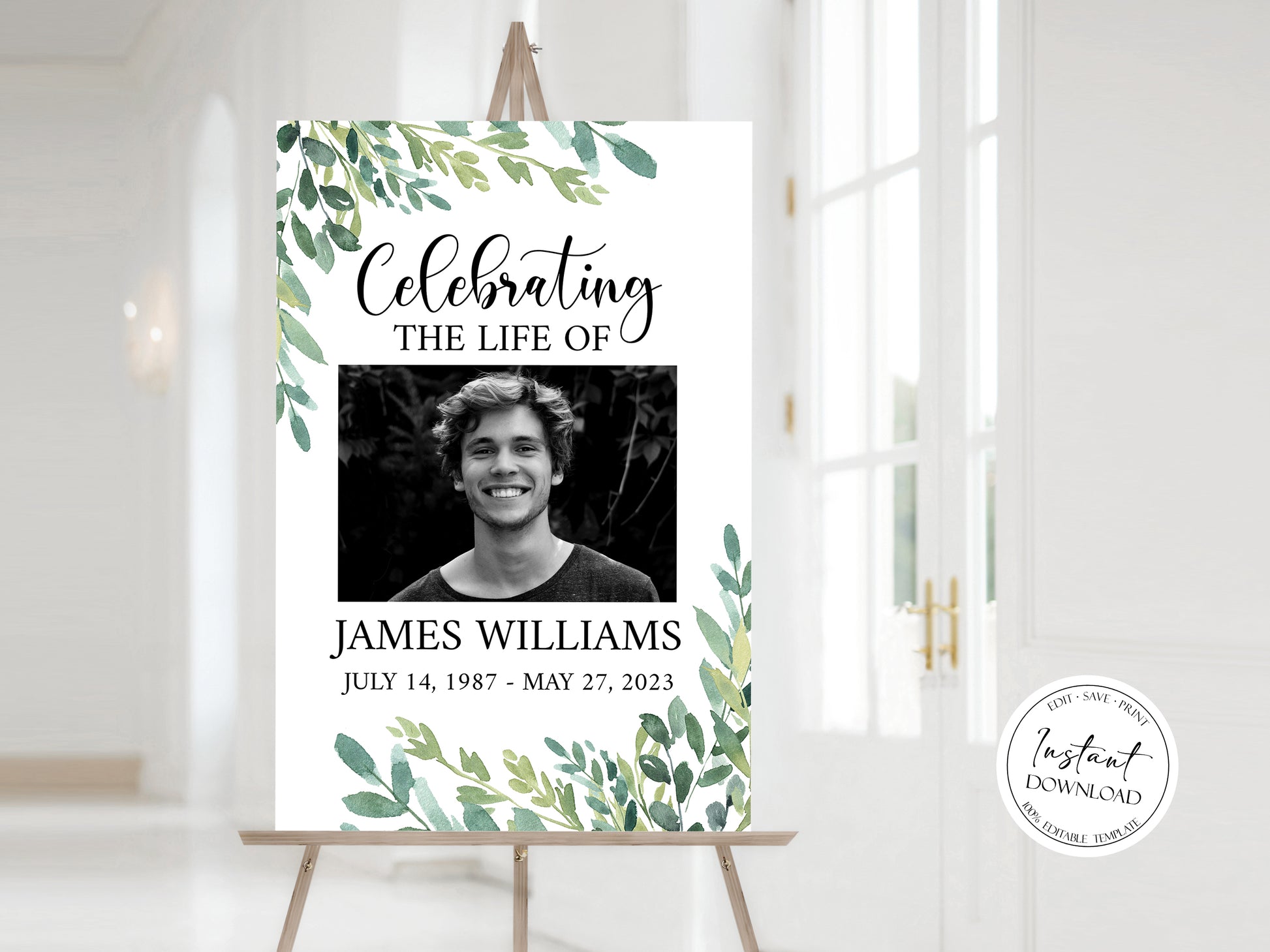 Celebration Of Life Greenery Funeral Welcome Sign Template, Greenery Funeral Poster, Printable Obituary Sign, Greenery Memorial Sign G2