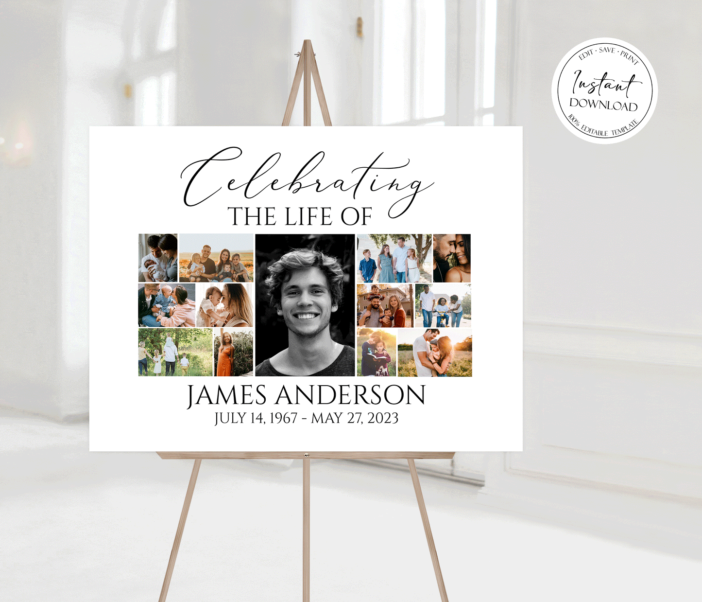 Celebration Of Life Multiple Photos Funeral Welcome Sign, Editable Simple Photo Collage Funeral Poster, Photo Collage Memorial Service Sign S1