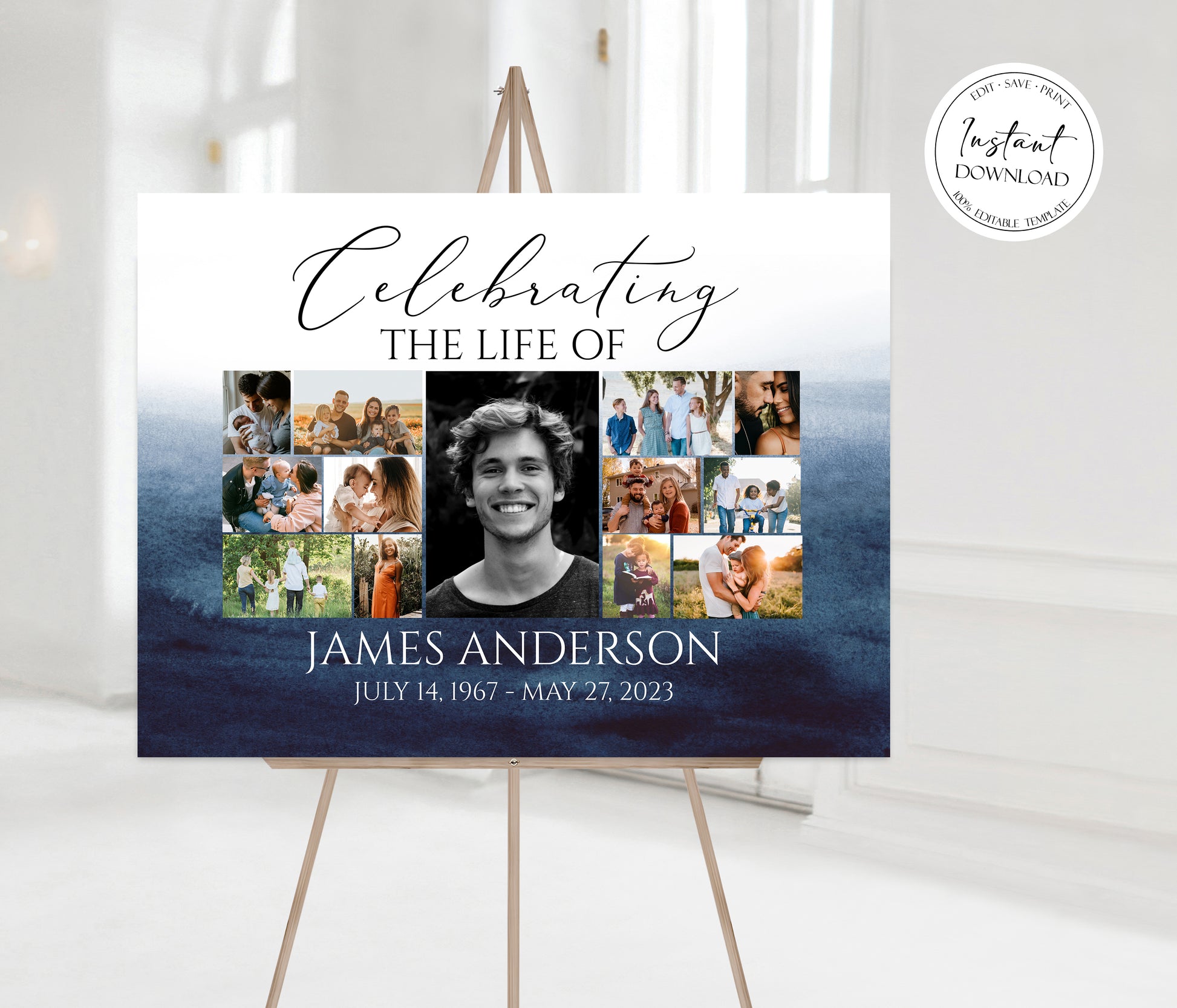 Celebration Of Life Multiple Photos Funeral Welcome Sign, Blue Watercolor Collage Funeral Poster, Ocean Photo Collage Memorial Service Sign B5