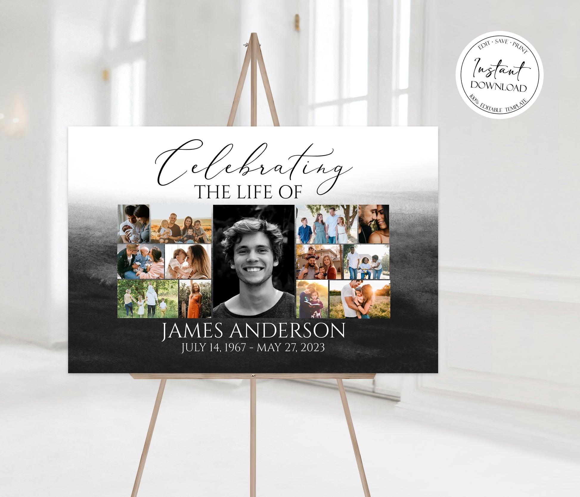 Celebration Of Life Black Watercolor Photo Collage Funeral Welcome Sign Template, Black  Watercolor Collage Funeral Poster, Photo Collage Memorial Service Sign B6