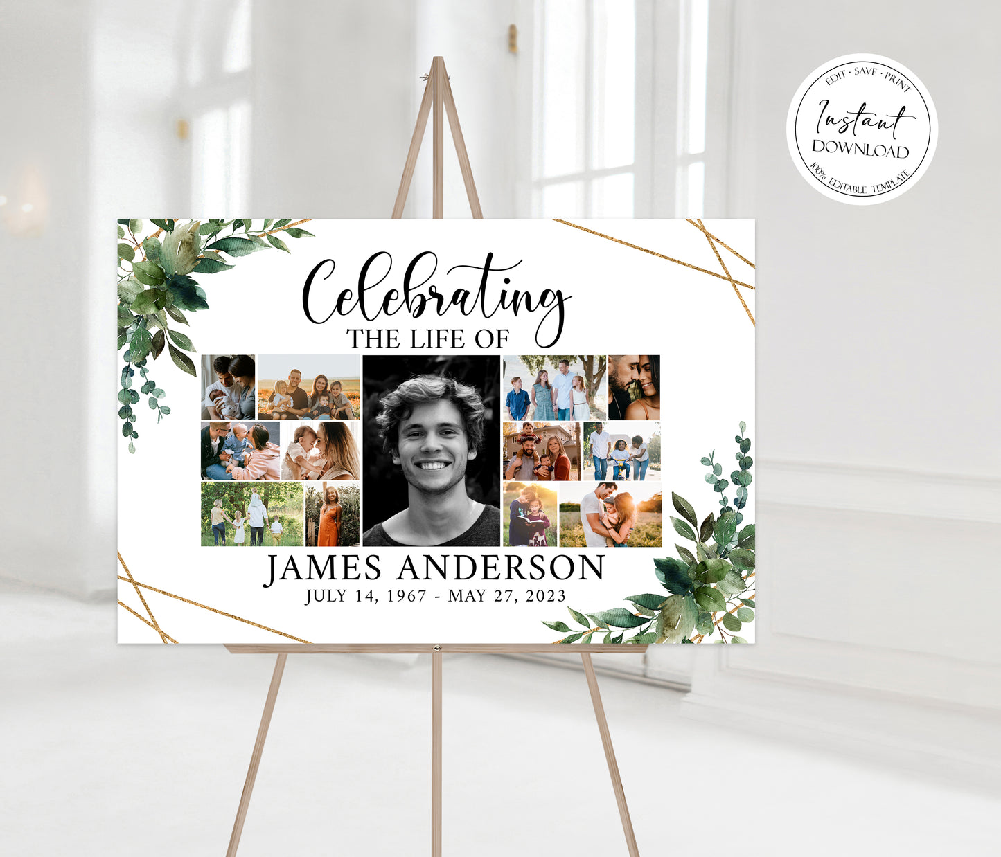 Celebration Of Life Watercolor Greenery Gold Photo Collage Funeral Welcome Sign Template, Greenery Photo Collage Funeral Poster, Photo Collage Memorial Sign Q1