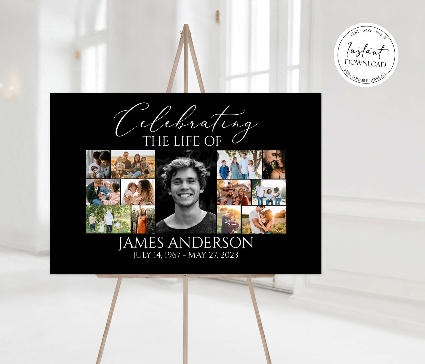 Celebration Of Life Minimalist Elegant Black Photo Collage Funeral Welcome Sign, Editable Minimalist Elegant Black Photo Collage Funeral Poster, Photo Collage Memorial Service Sign