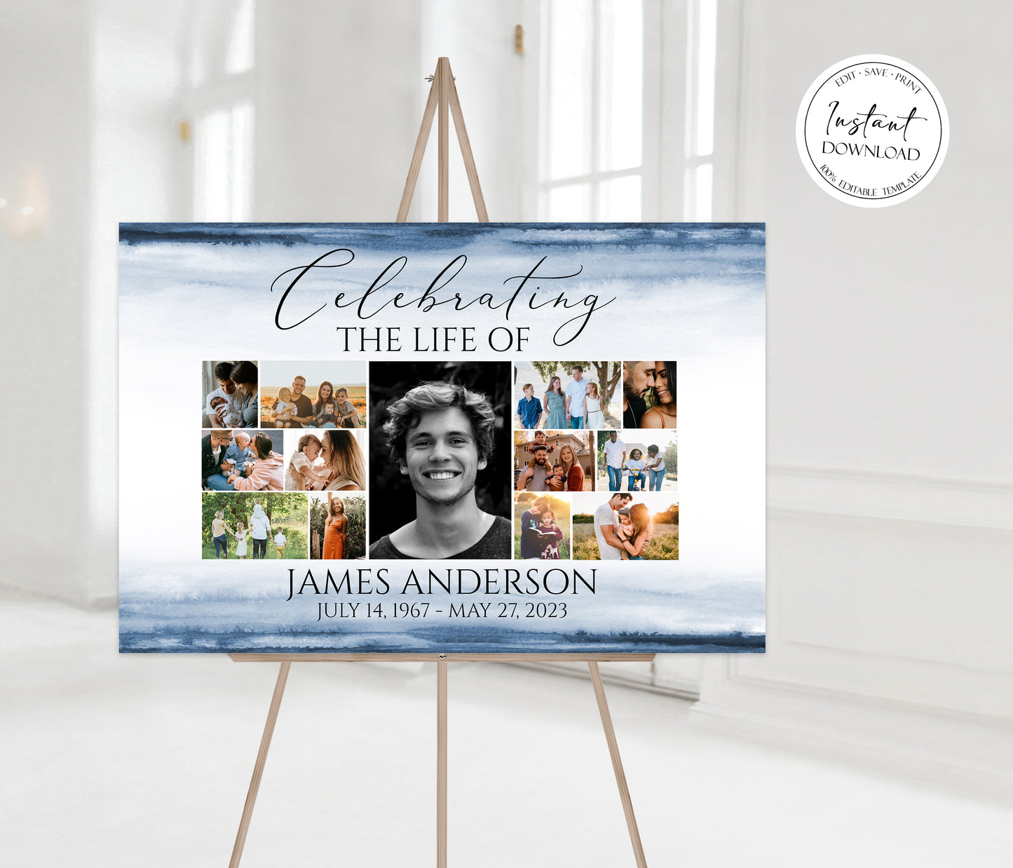 Celebration Of Life Multiple Photos Funeral Welcome Sign, Blue Watercolor Collage Funeral Poster, Ocean Photo Collage Memorial Service Sign B4