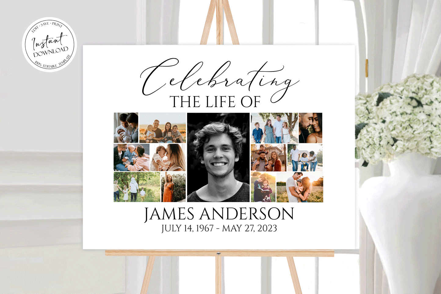 Celebration Of Life Multiple Photos Funeral Welcome Sign, Editable Simple Photo Collage Funeral Poster, Photo Collage Memorial Service Sign S1