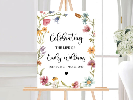 Celebration Of Life Red Greenery Wildflower Meadow Funeral Welcome Sign Template, In Loving Memory Welcome Sign, Wildflower Meadow Memorial Sign